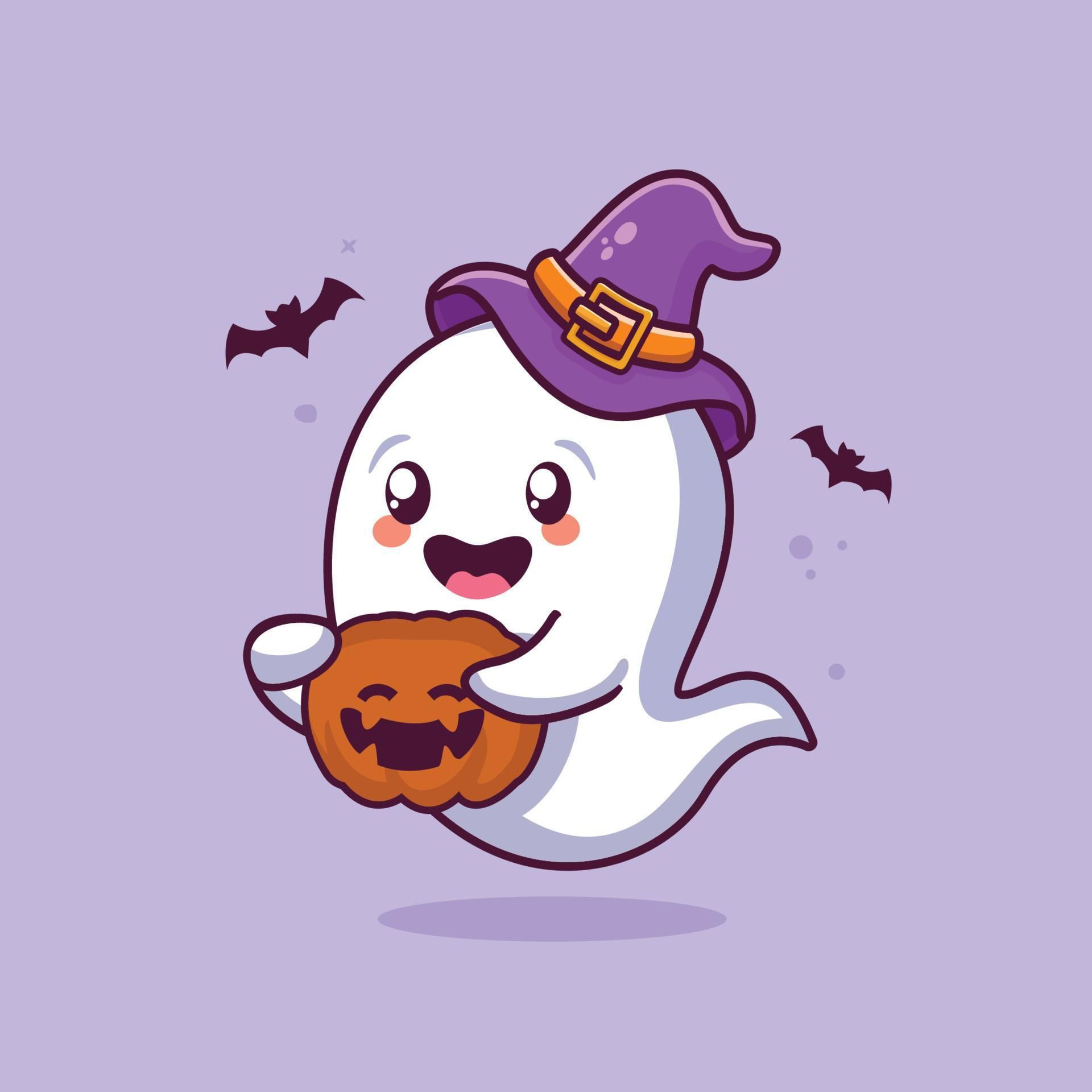 Wallpaper #F_SlOZMBKFX8bn3rEHfZ247 Cute Halloween Ghost Holding Pumpkin Cartoon Illustration Halloween