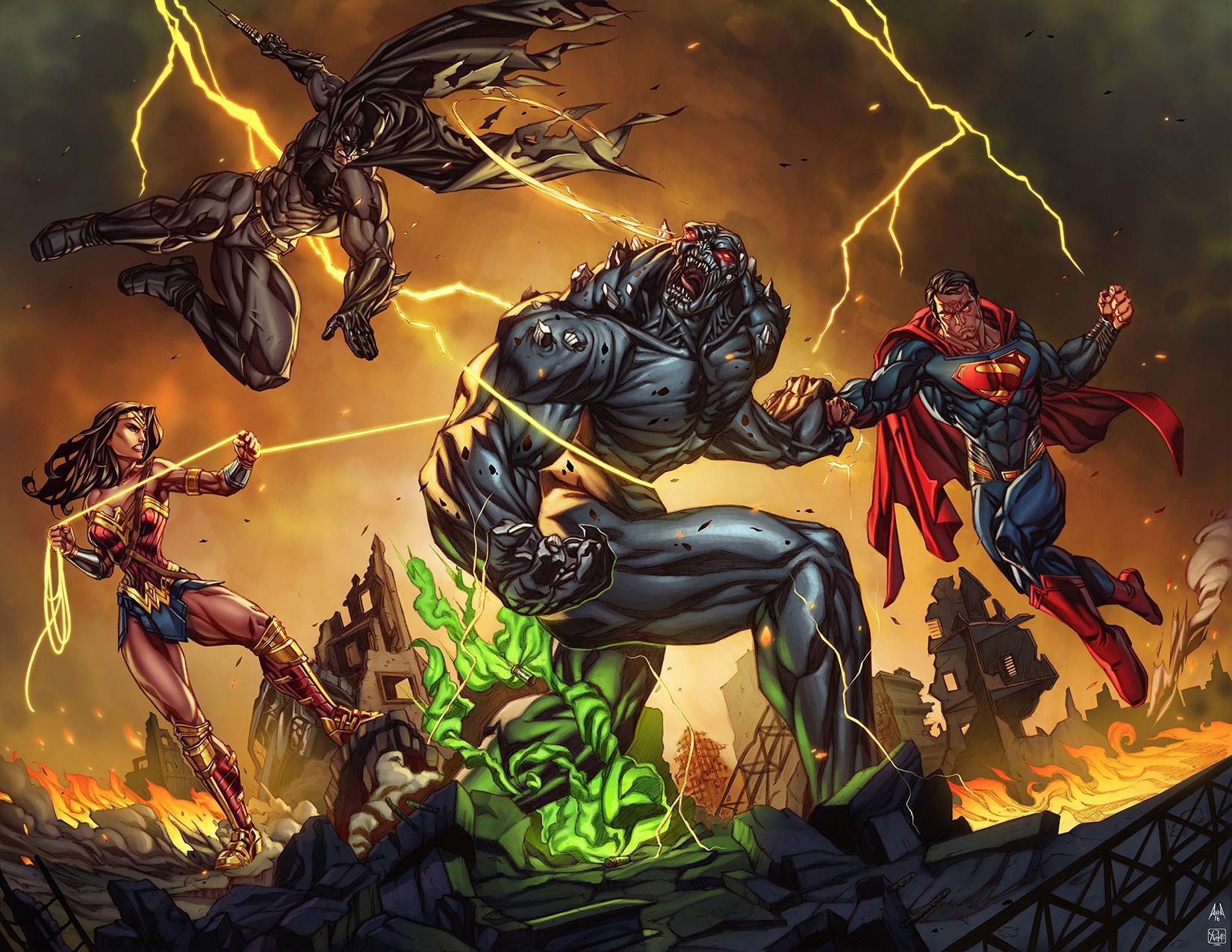 Wallpaper #C2gUIpMBSpphPi3-ITKg68 The Trinity Taking on Doomsday by Alesky Aguilar DC Comics Artwork