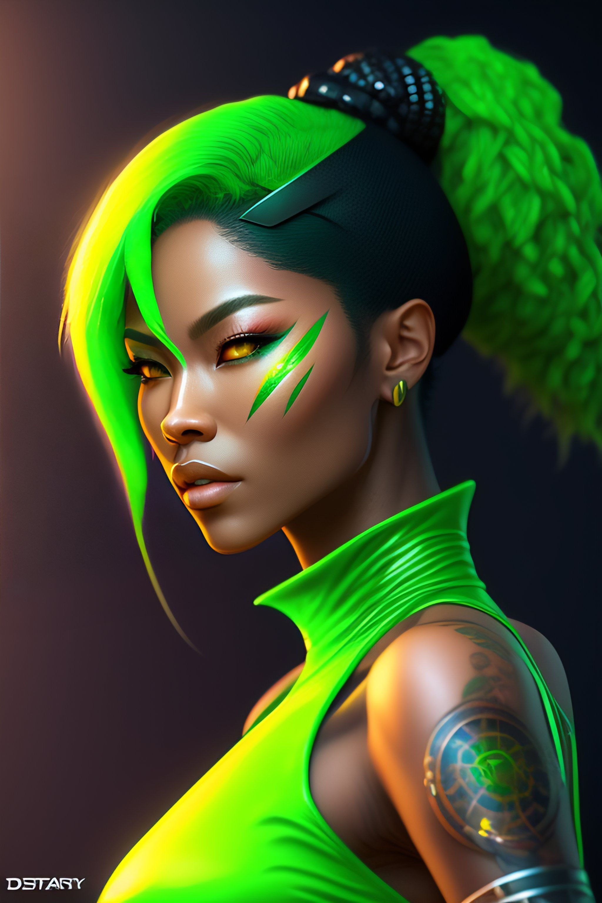 Wallpaper #Fe8FTZMBMN-XEVvVuT-n99 Lexica Right Facing Portrait of a Cyberpunk Lime Green Cyborg Ninja