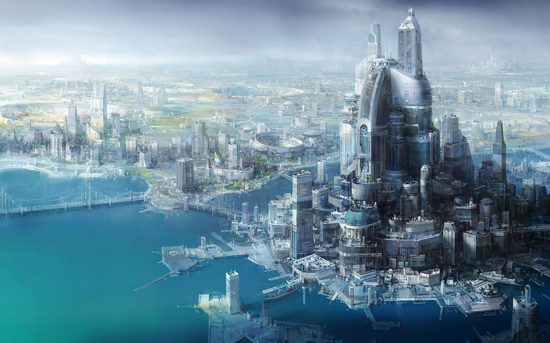 Wallpaper #s2dc_5IBSpphPi3-V6Lx218 Sci Fi City Future Futuristic Ocean Water Docks Building Skyscraper