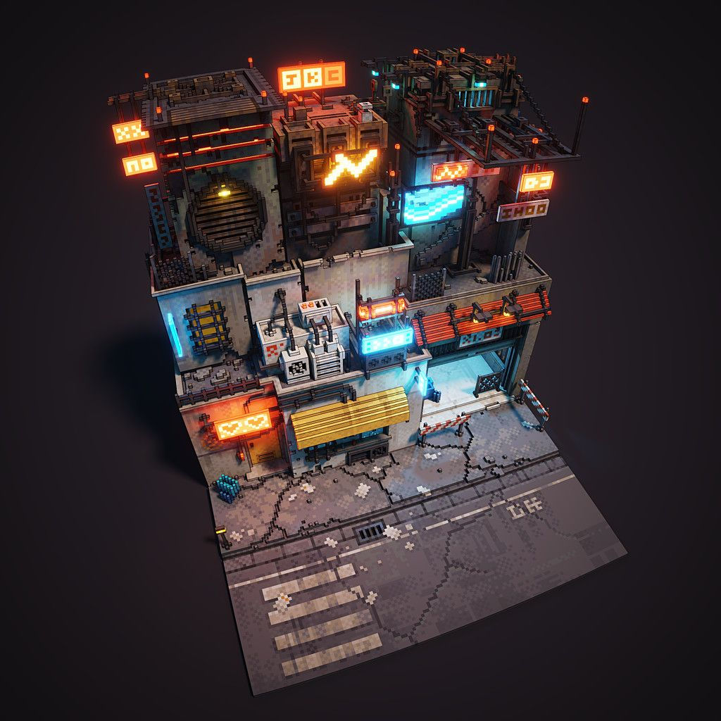 Wallpaper #13Qow44B_8f4nGFa7m8z55 Artstation Cyberpunk Voxel Scene John Kearney Voxel Art Game