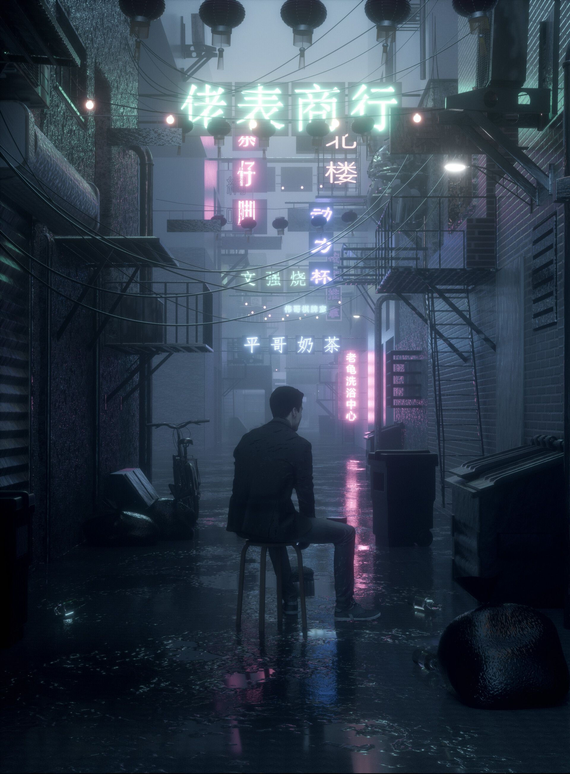 Wallpaper #dkU2lI4B7YBJg1BVip_020 A Man Sits on a Stool in a Dark Alleyway Surrounded by Neon Lights
