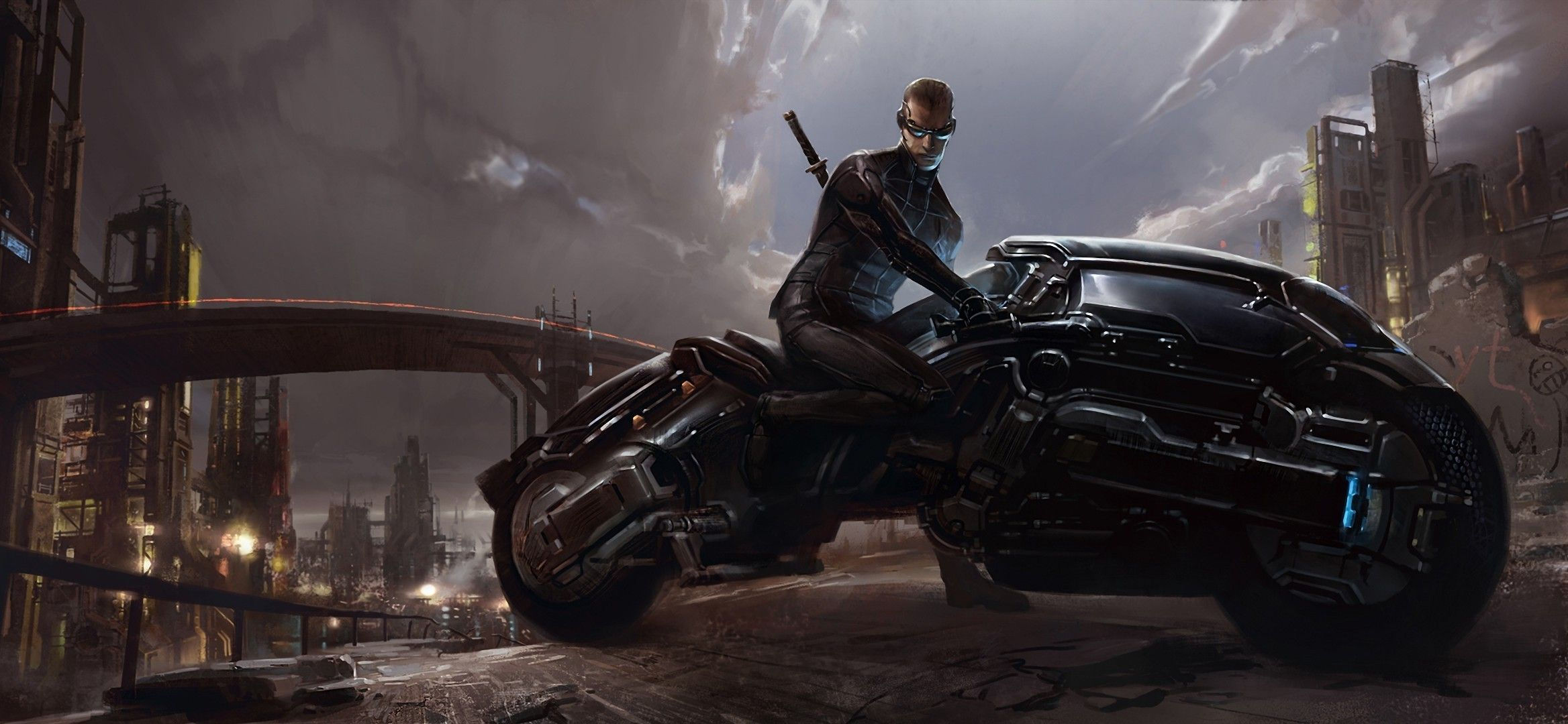 Wallpaper #WkD9LpMBJhL2WPbal7s-69 Dark Futuristic Fantasy Art Science Fiction Motorbikes Swords Cities