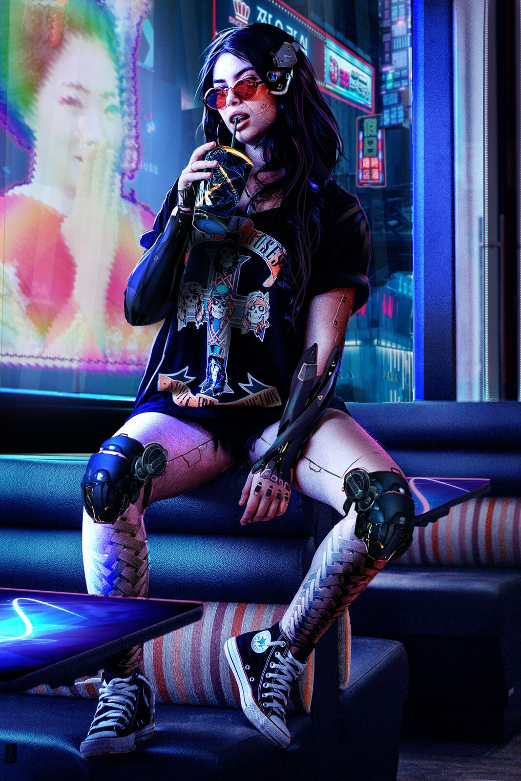 Wallpaper #c3PdhI4BFI5NbQks2h2j46 A Cyberpunk Girl Drinking a Beverage in a Bar