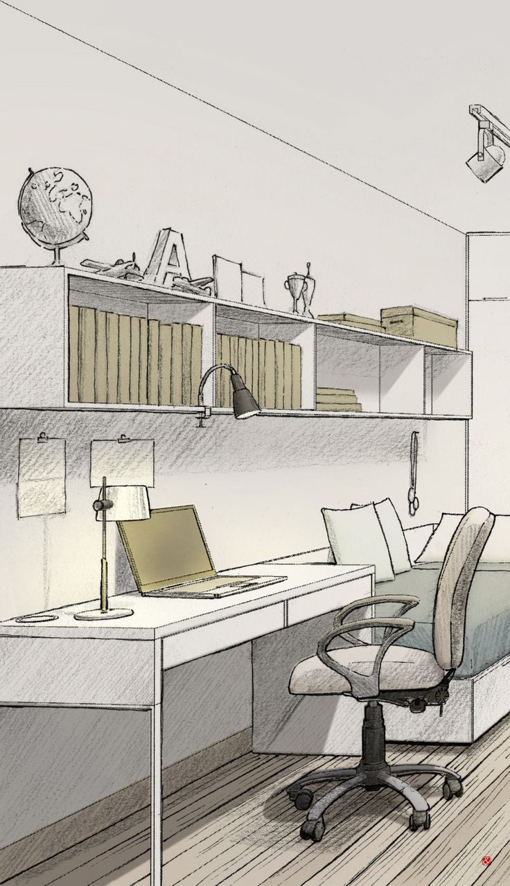 Wallpaper #r7gj2JIBJvJKYCmEhOZY363 A Drawing of a Room with a Desk Chair and Bookshelf on the Wall