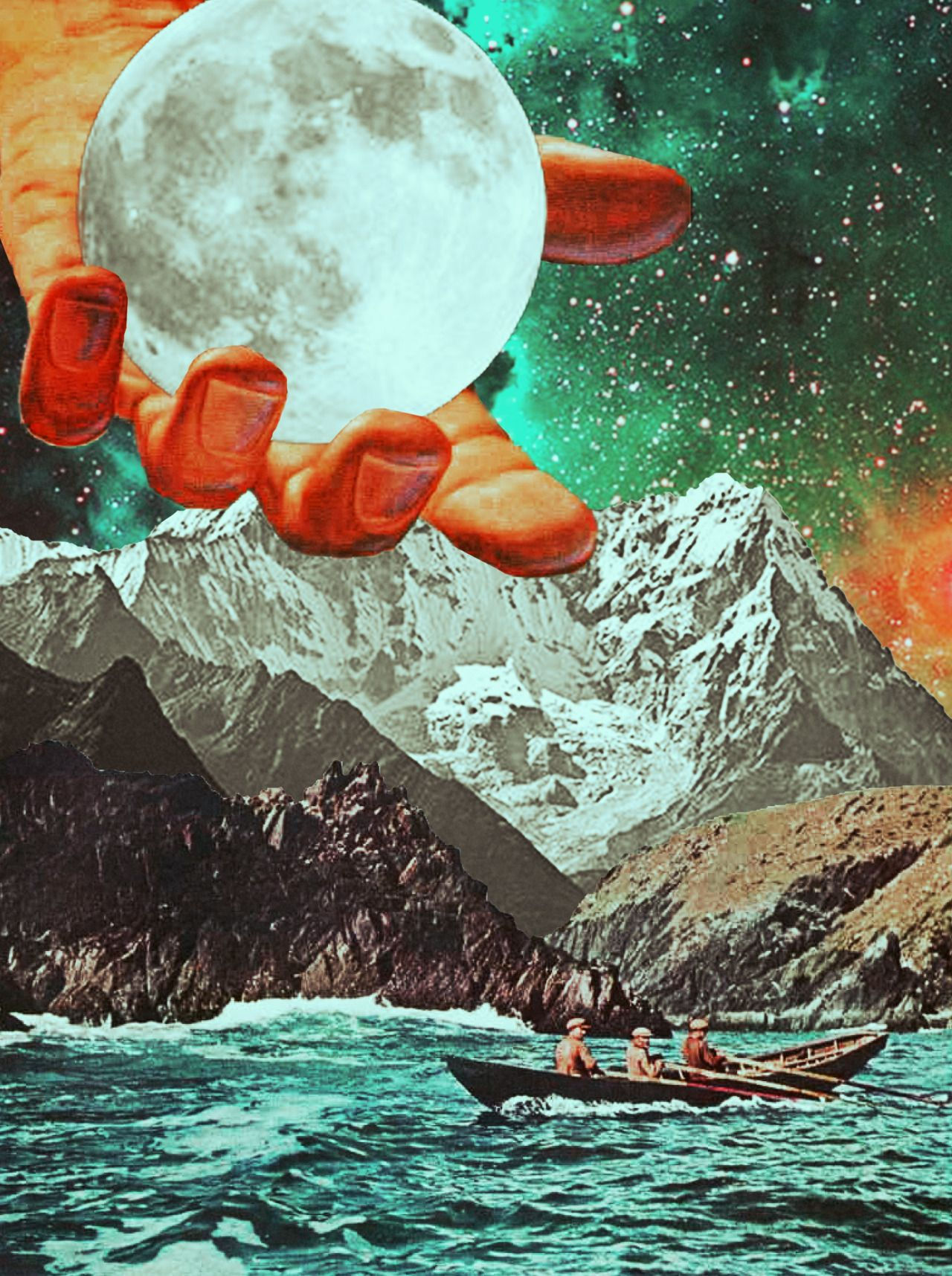 Wallpaper #gGfoDJMBSpphPi3-KuHk121 Ayhamjabr Sailing for the Moon Surreal Mixed Media Collage Art by