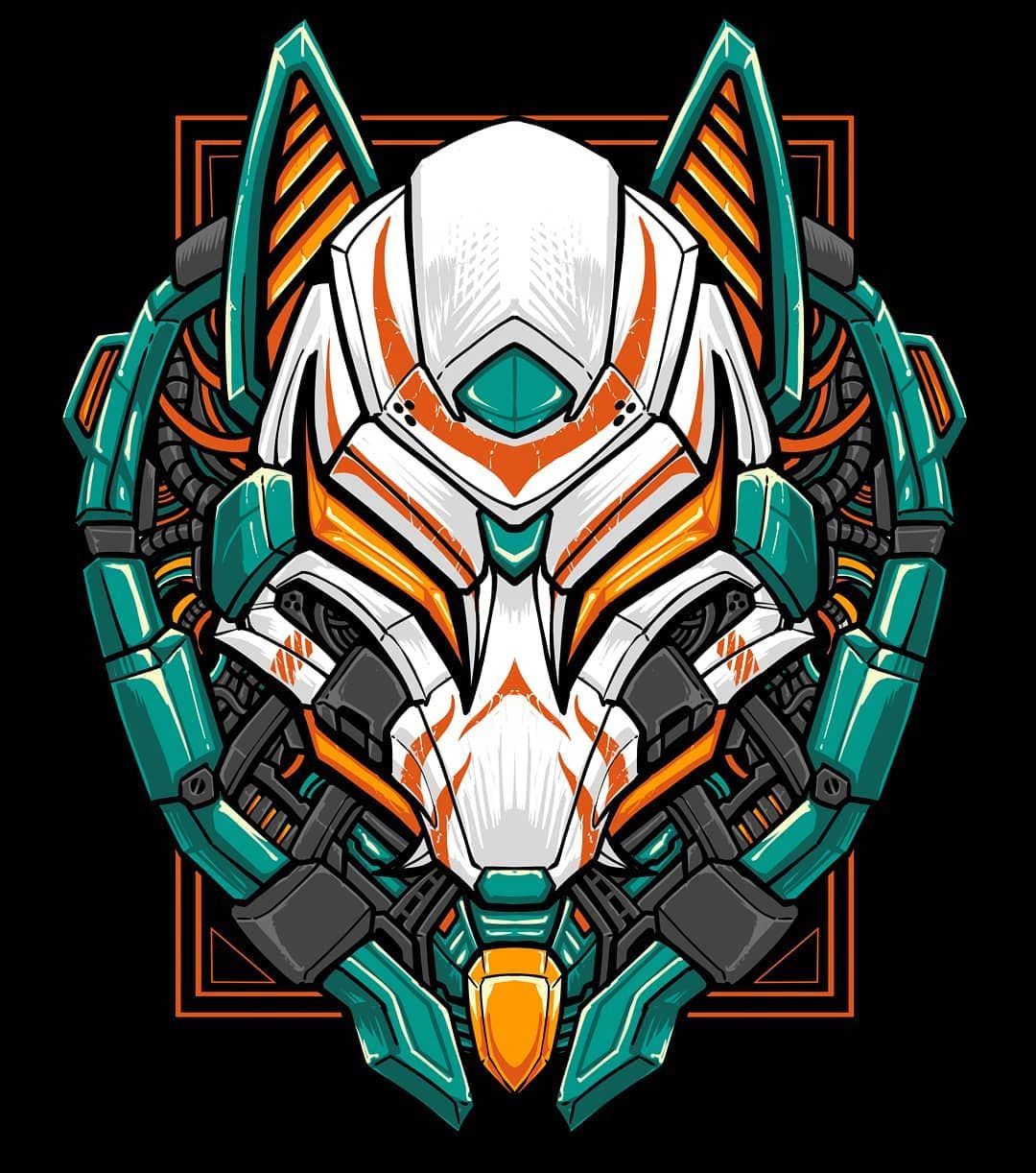 Wallpaper #-HP4iI4BFI5NbQks6CGD12 A Digital Illustration of a Robotic Wolf Head with Glowing Green Eyes and Intricate Geometric Patterns