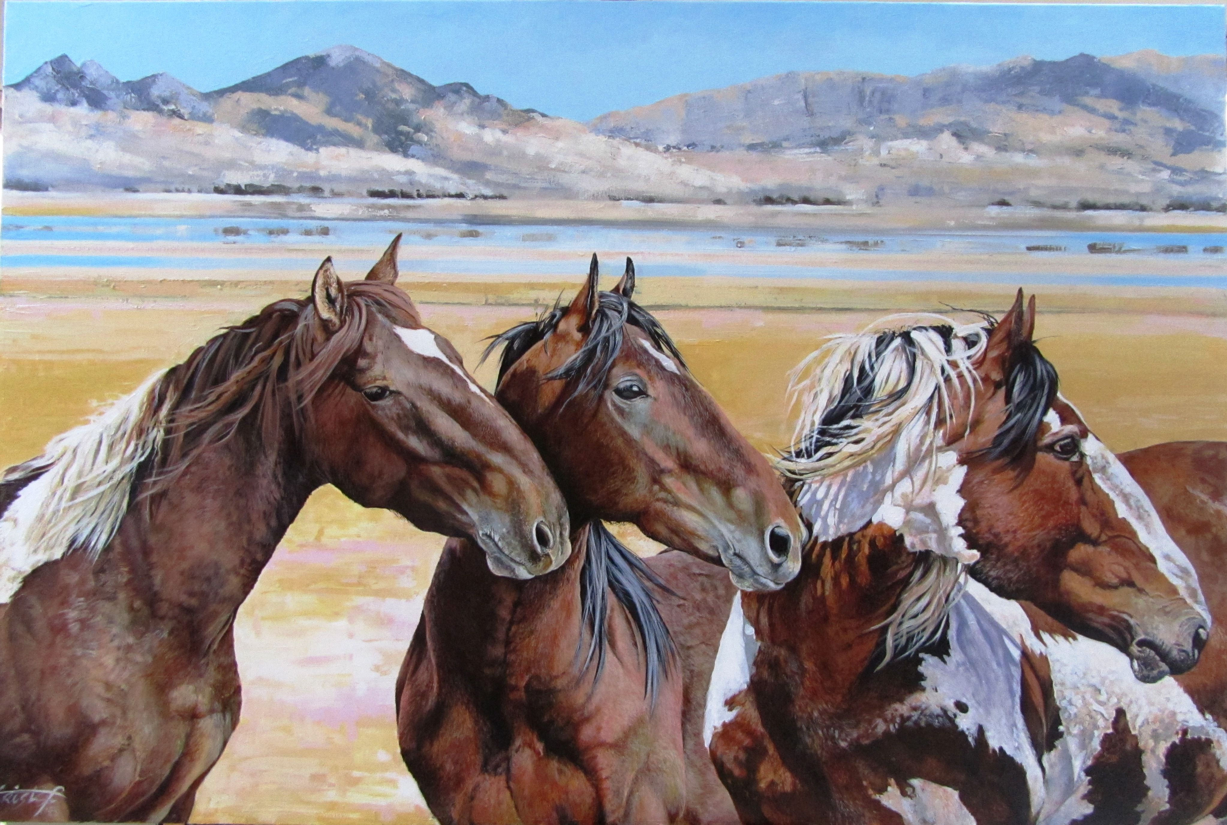 Wallpaper #Mn1i8I4Bnwiau_P63Abi4 Three Wild Mustang Horses Mojave Desert Nevada Oil on Canvas Title