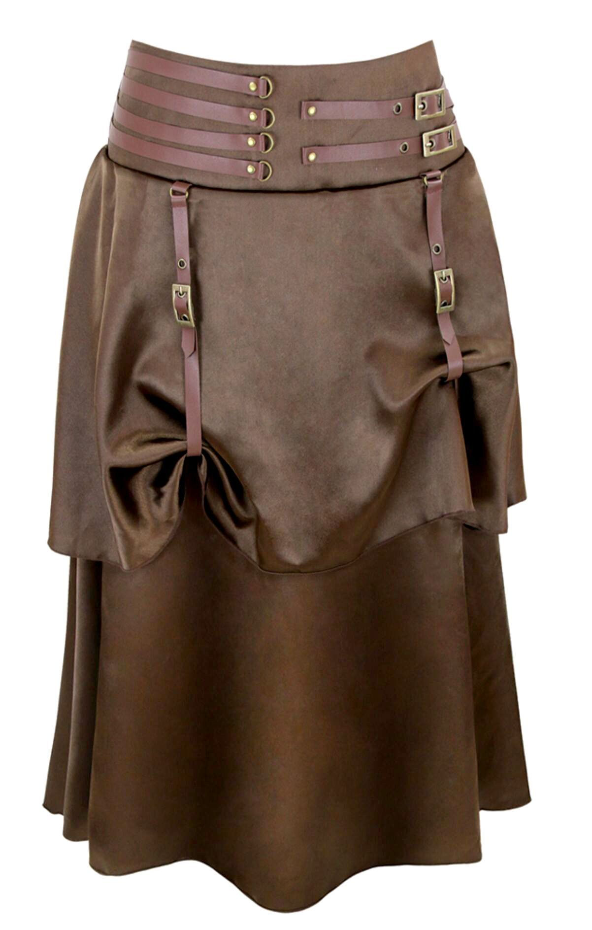 Wallpaper #_bmH3pIBJvJKYCmESQX0160 Steampunk Women Brown Satin Skirts with Leather Buckle 2 Layers