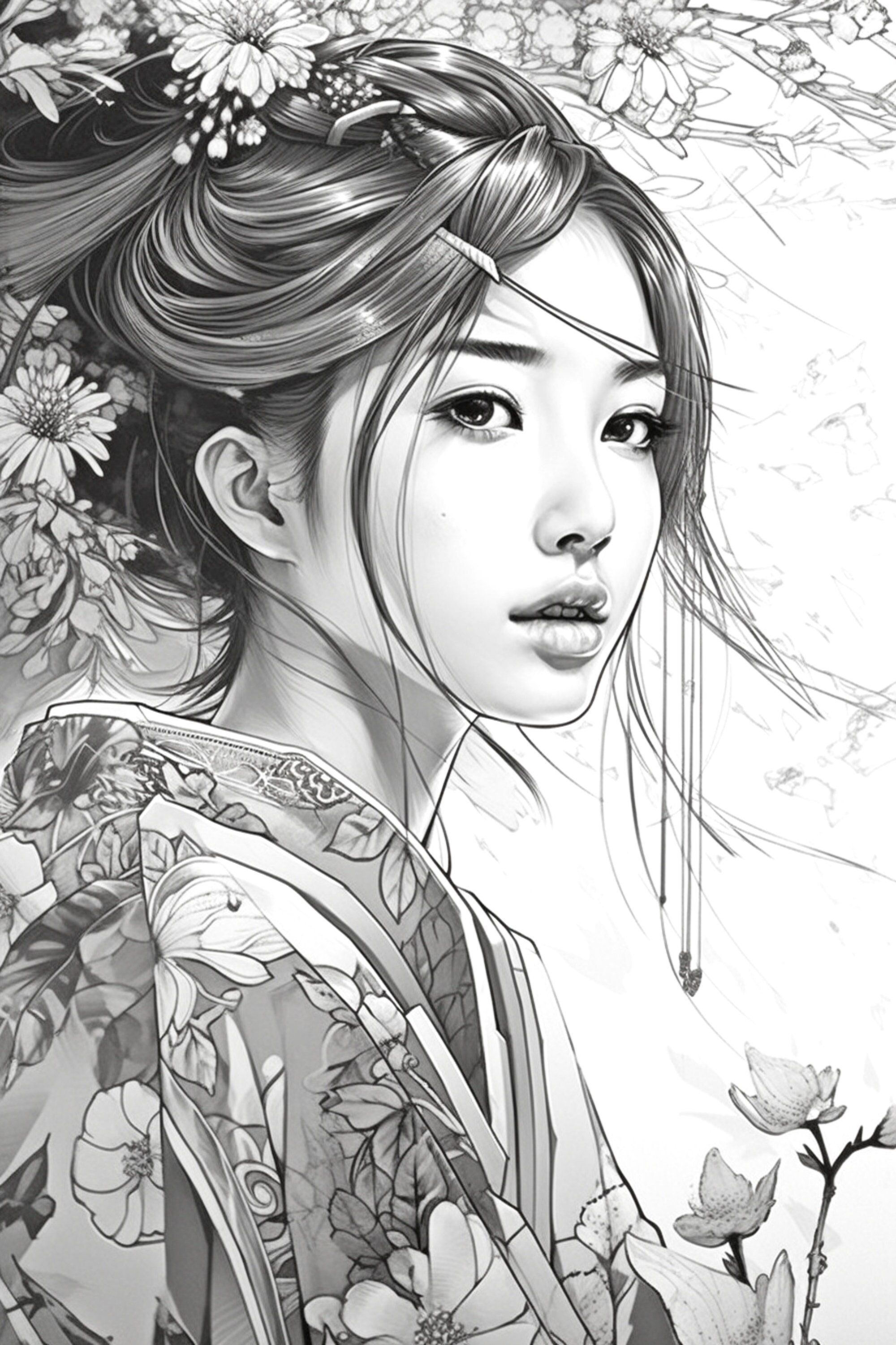 Wallpaper #OBqEUJMB1yWOL4qgwYA7275 Stunning Modern Style Japanese Girl a Grayscale Coloring Book of Asian