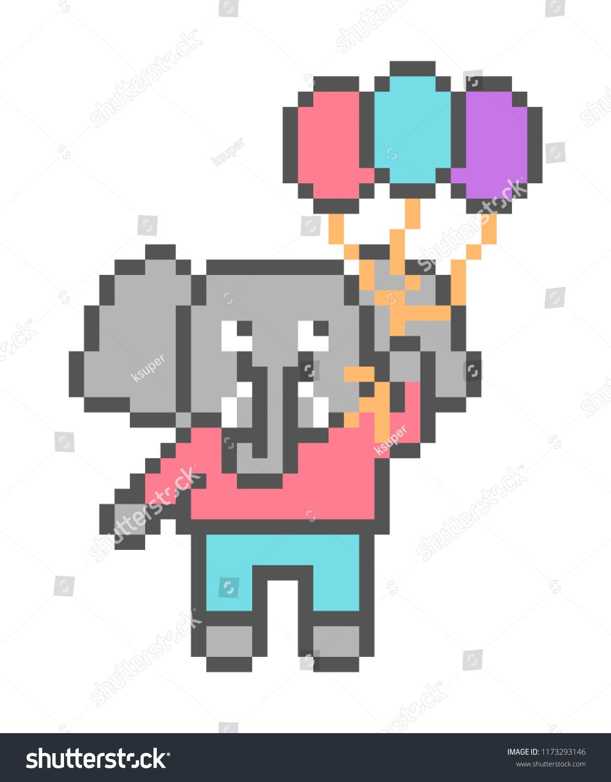 Wallpaper #a0D6MJMBJhL2WPbaiMSr177 Elephant Flying with 3 Balloons Pixel Art Character Isolated on White