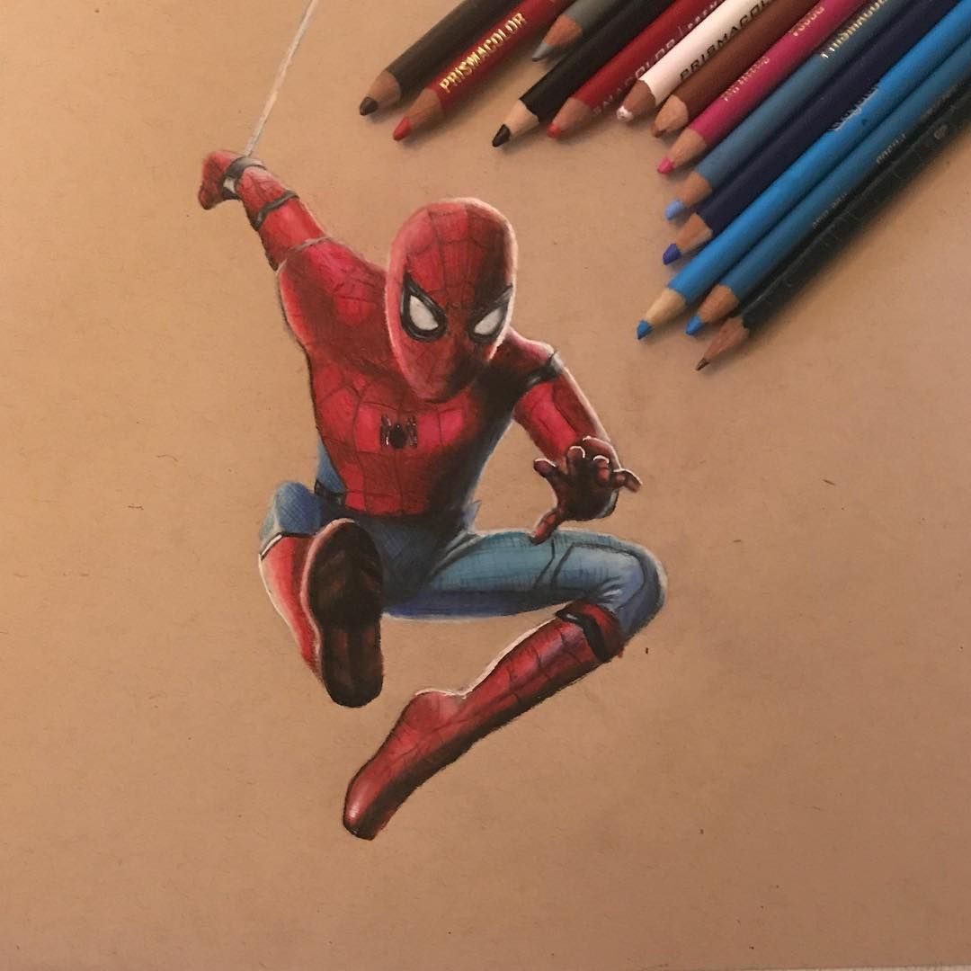 Wallpaper #2DG6NZMB5zzyi_yYf1cF214 A Drawing of Spider Man with Colored Pencils Next to It