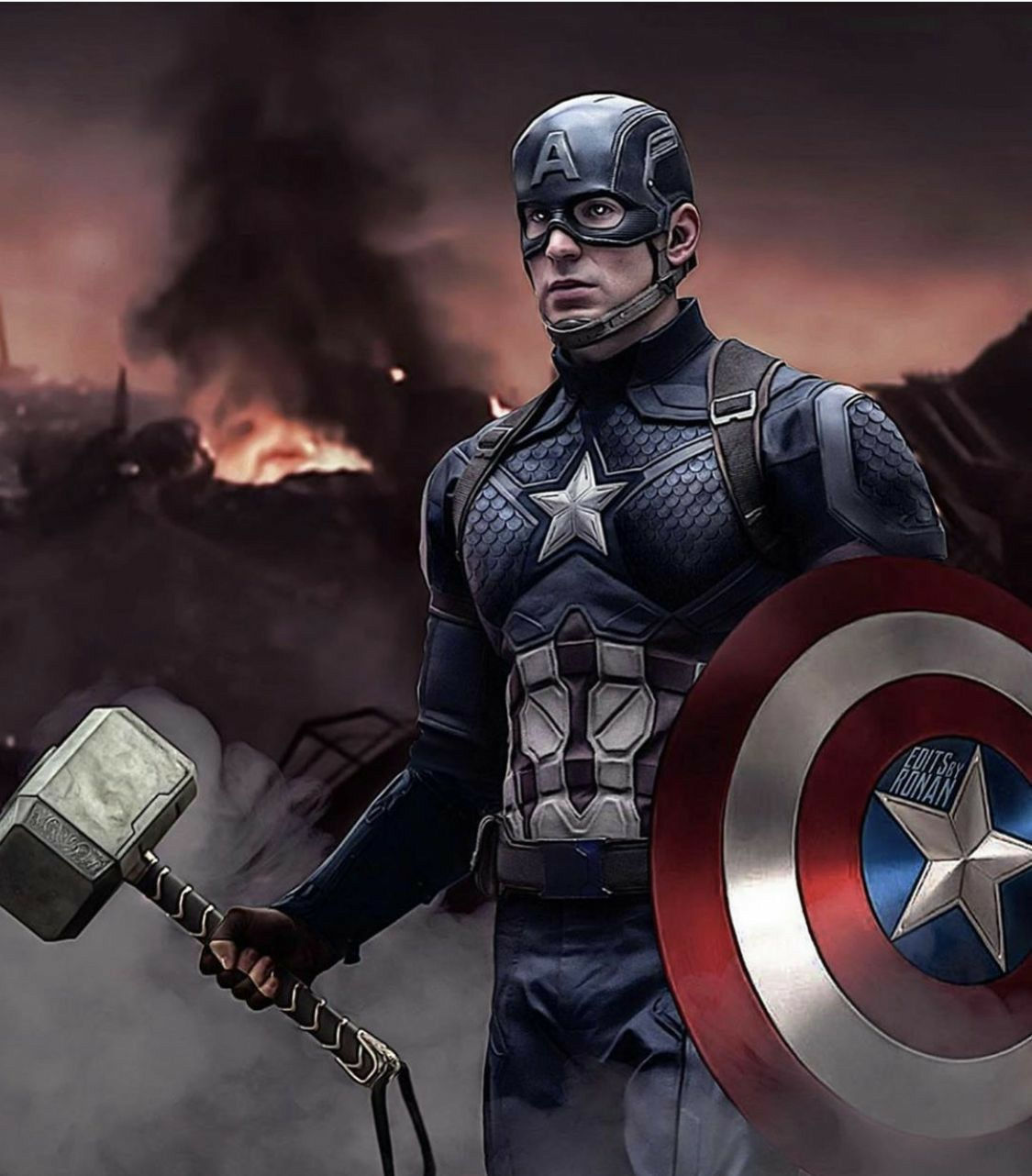 Wallpaper #SEUGj44B7YBJg1BVWZ2Z14 Captain America Wielding Thor's Hammer in the Middle of a War Zone