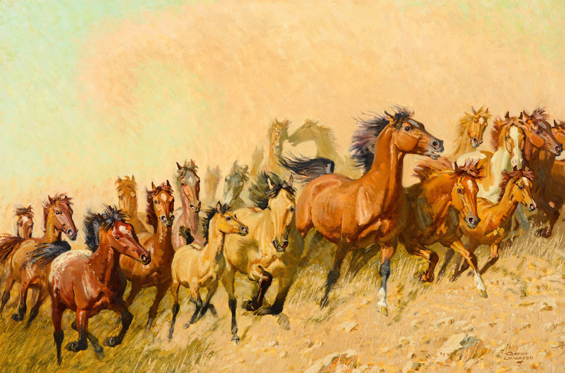Wallpaper #Mn1i8I4Bnwiau_P63Abi45 Robert Lougheed 1910 1982 Mustangs on the Move Oil on Board Horse