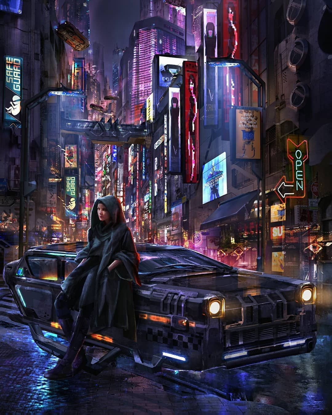 Wallpaper #c3PdhI4BFI5NbQks2h2j24 A Woman in a Dark Cloak Sits on the Hood of a Futuristic Car in a Neon-Lit Cyberpunk City