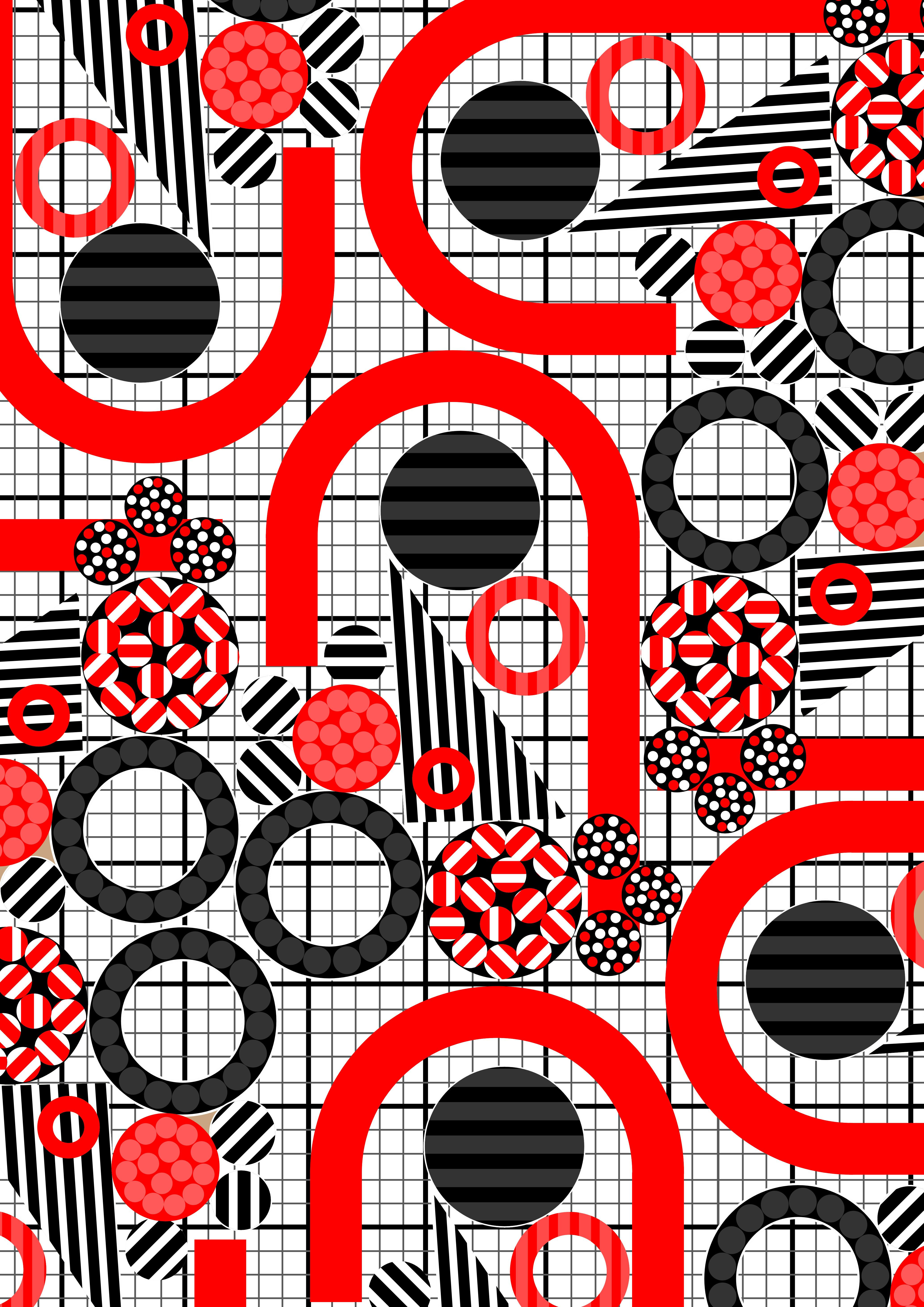 Wallpaper #BGcL6JIBSpphPi3-SDu_27 Black White Red Abstract Art Grid Circles Dots and Stripes Red