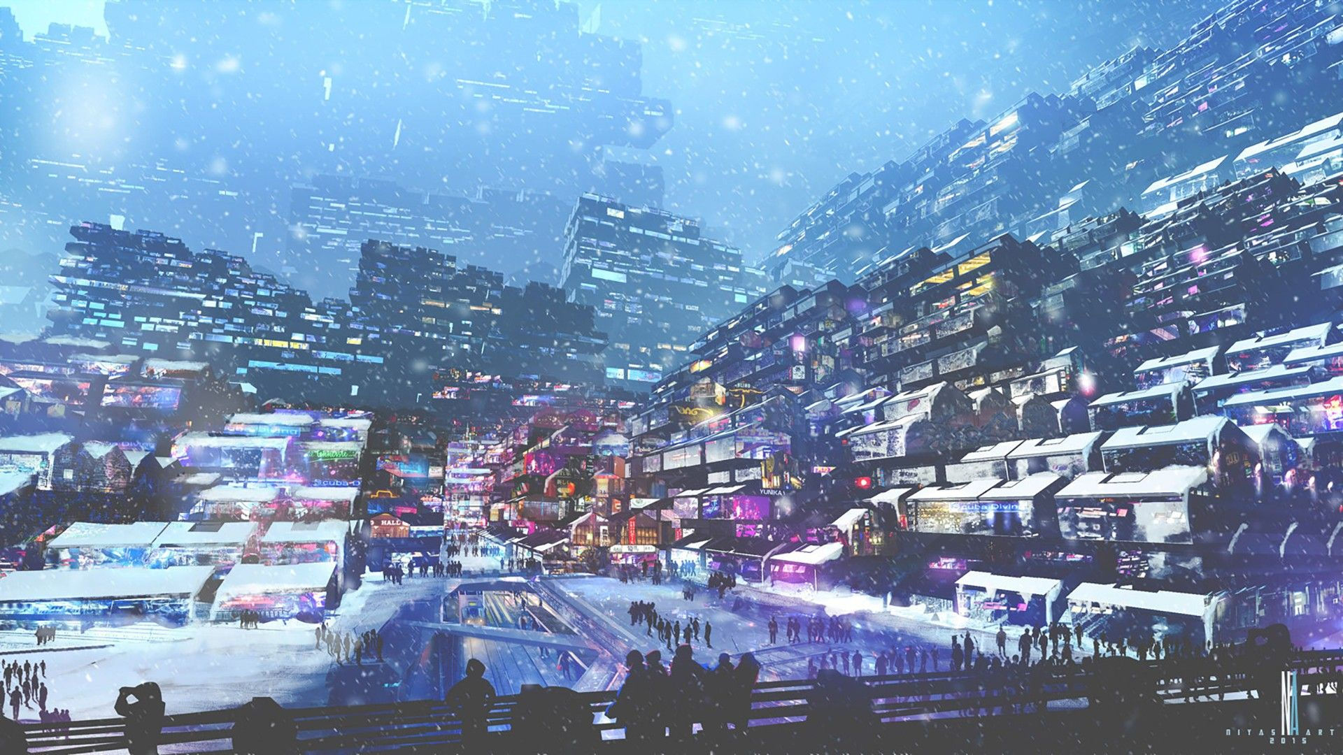 Wallpaper #TzGVNZMB5zzyi_yYJ1cv238 General 1920x1080 Artwork Digital Art City Futuristic Cyberpunk Snow