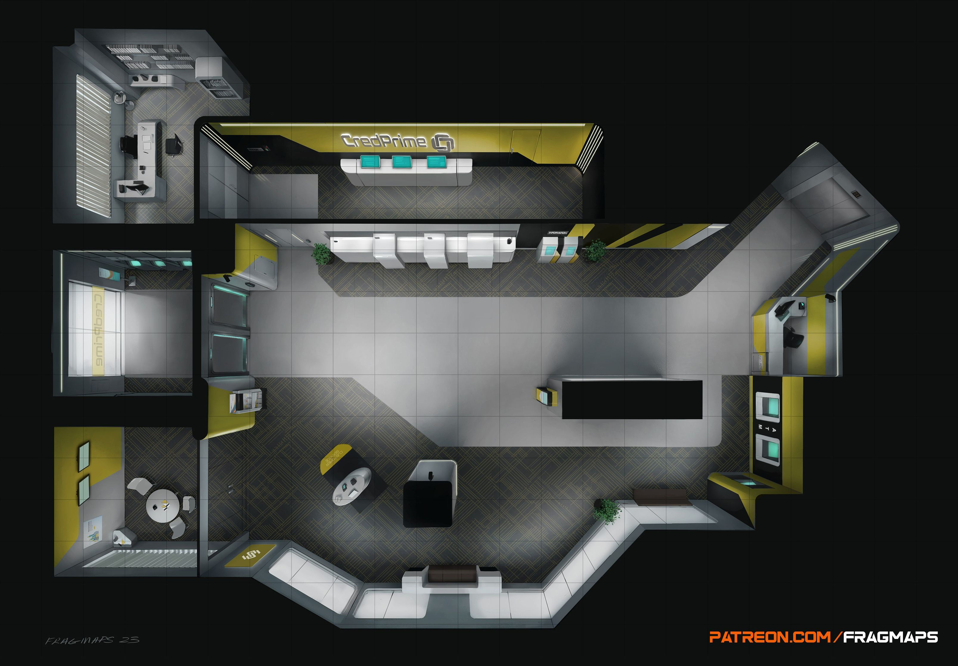 Wallpaper #HECLMZMBJhL2WPbamseU233 Cyberpunk Bank Lobby Ttrpg Battle Map Shadowrun Rpg Map Layout