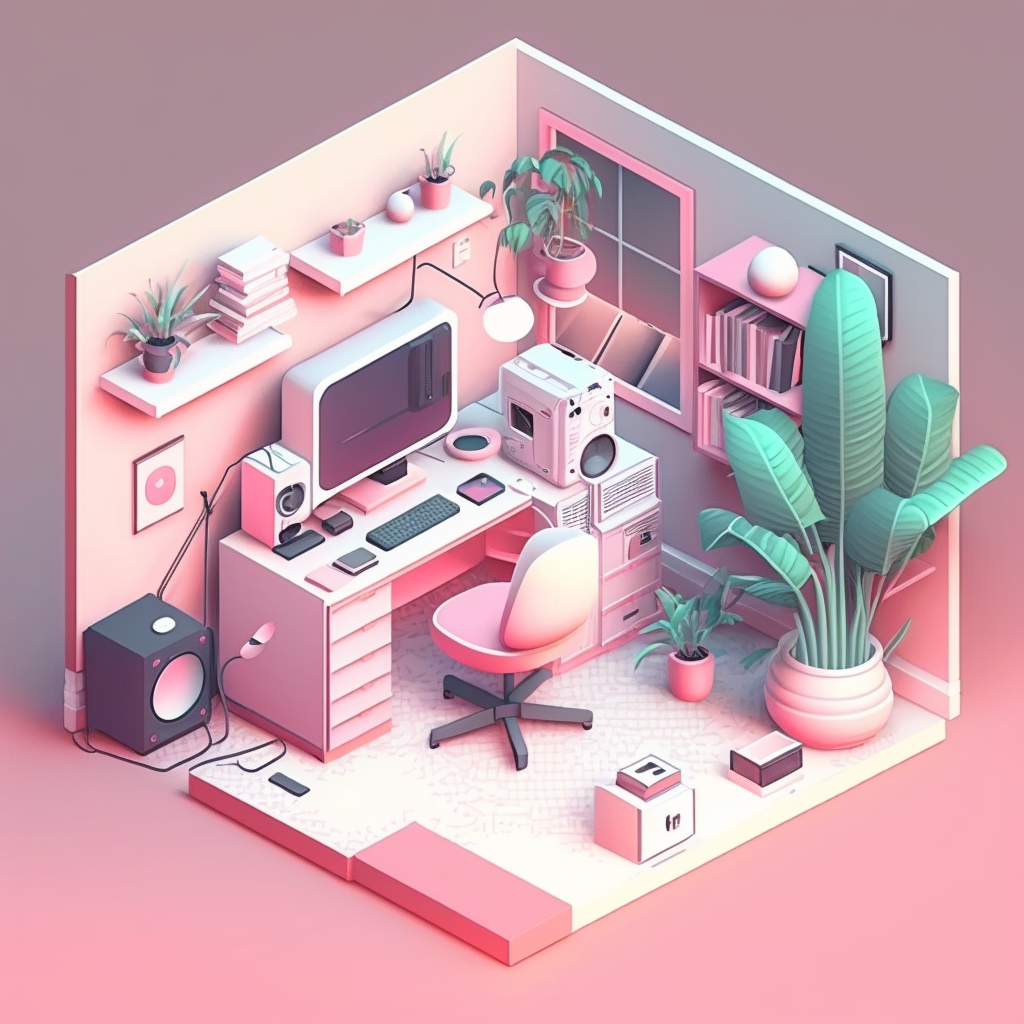 Wallpaper #tGh5I5MBSpphPi3-JzUR120 Blender 3D Render Midjourney AI Gamer Computer Setup Isometric Art