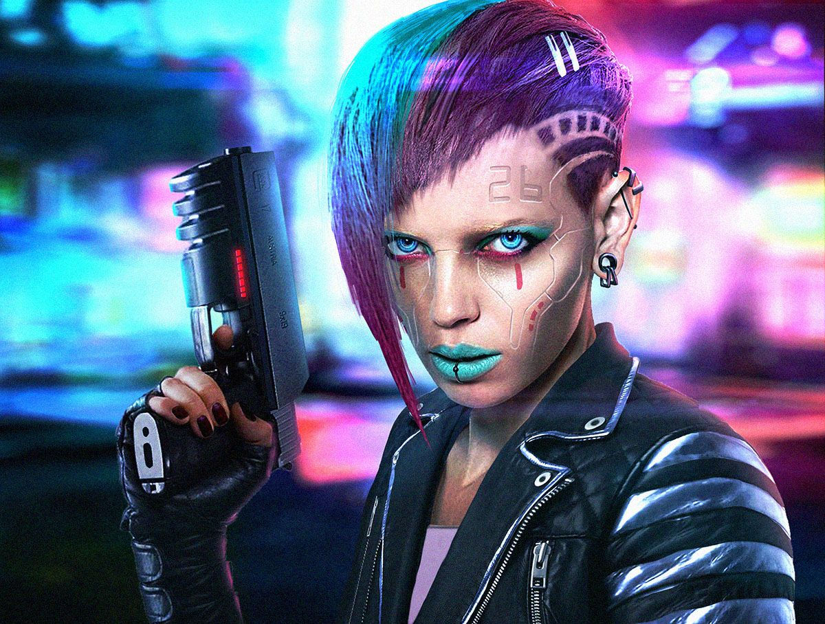 Wallpaper #dkU2lI4B7YBJg1BVip_012 A Woman with Blue and Pink Hair Holding a Gun