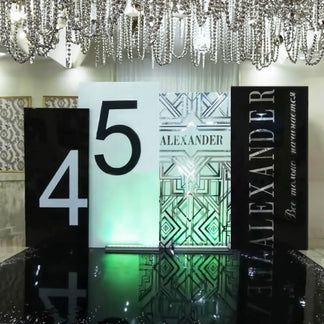 Wallpaper #7rgW25IBJvJKYCmEsPSX341 A Display with Chandelier and Glass Table in Front of It That Says 54