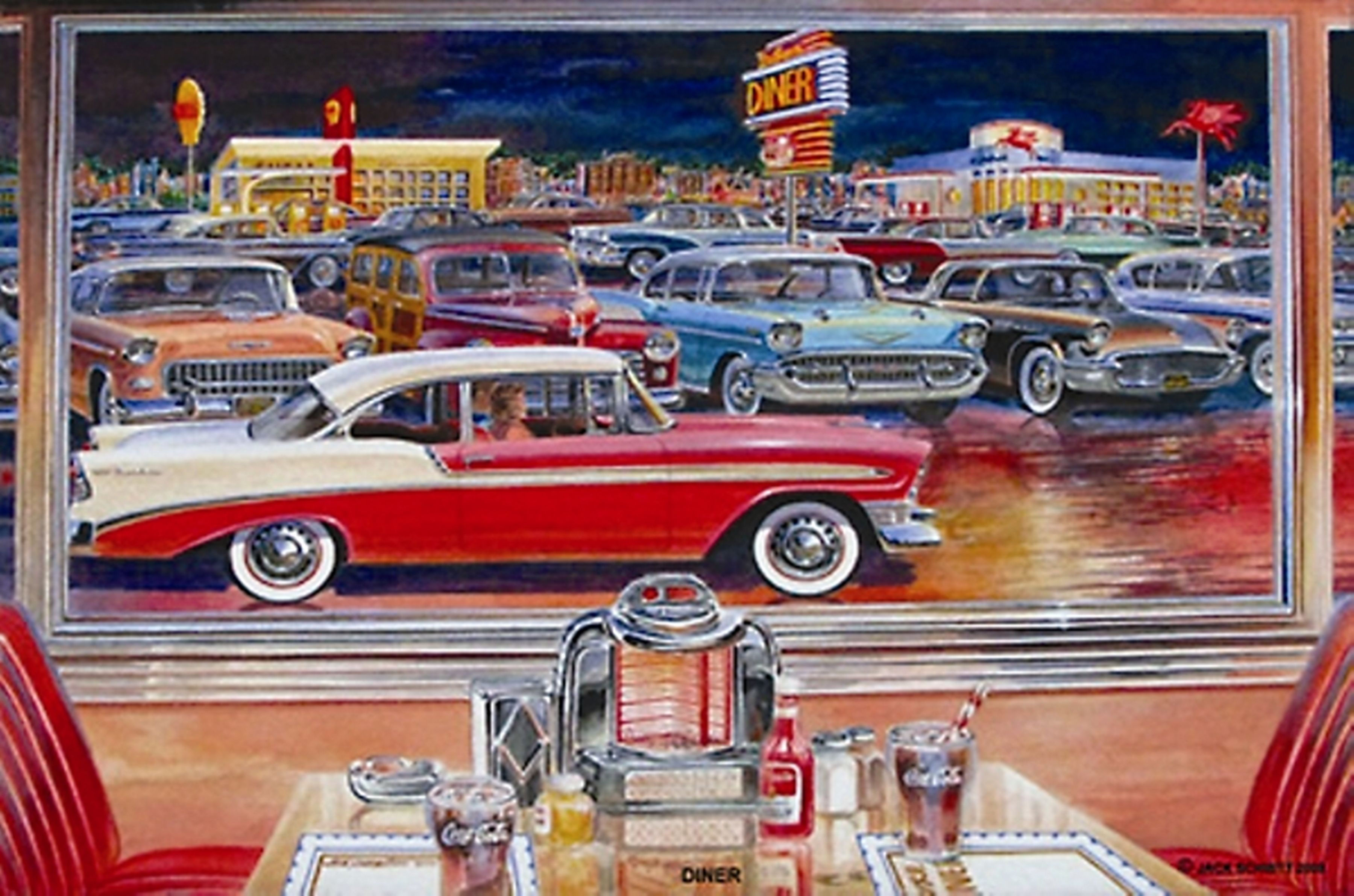 Wallpaper #_3MOho4BFI5NbQksfx5p24 Fifties Diner with a Red Car in the Foreground