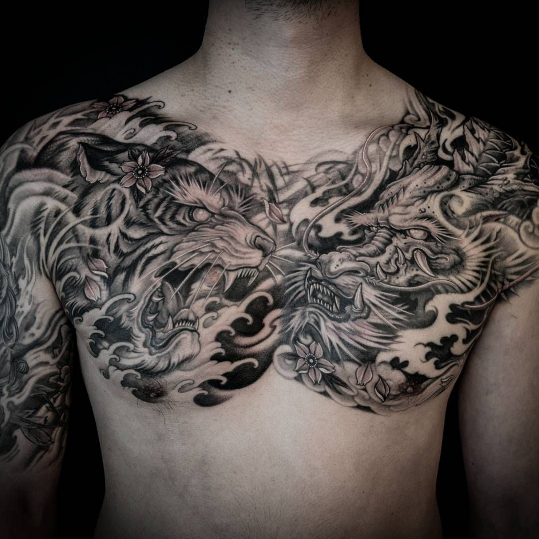 Wallpaper #dGfrEZMBSpphPi3-k_mu257 Tiger and Dragon Full Chest Piece Chest Tattoo Men Chest Piece