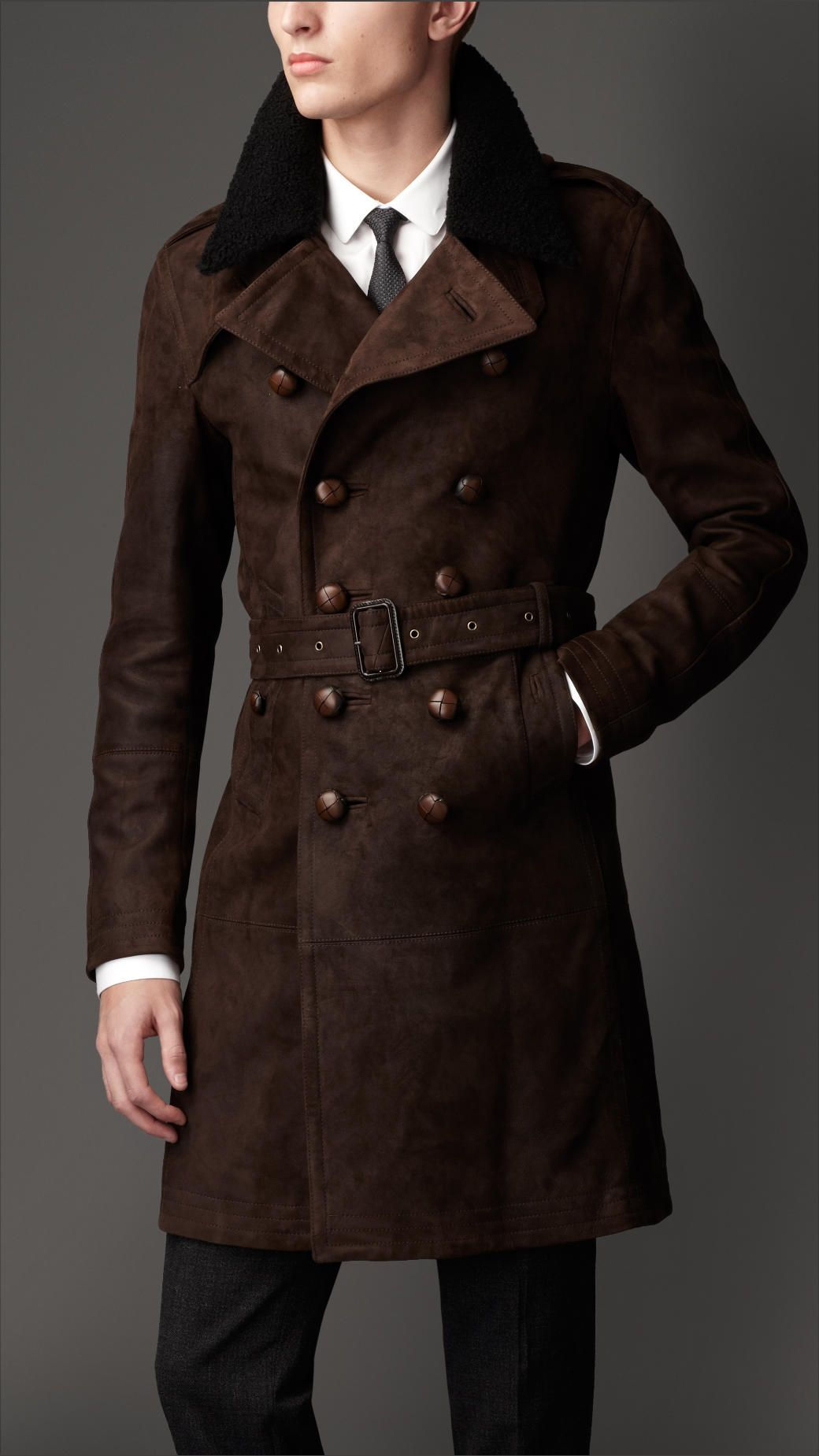 Wallpaper #kyxGSZMB0E1QgA7wmPIG122 Burberry Brown Mid Length Shearling Collar Suede Trench Coat for Men