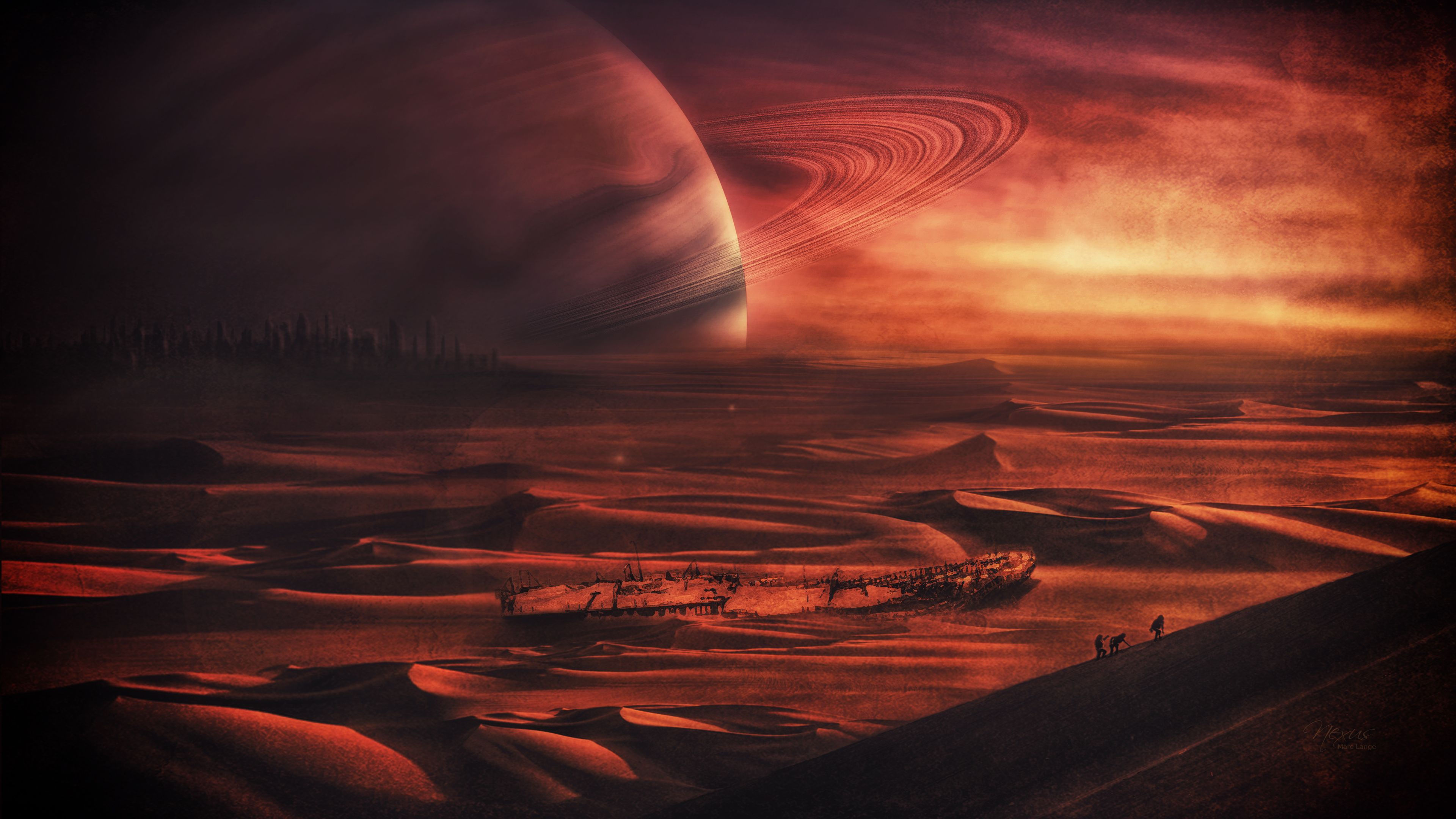 Wallpaper #h2jeIZMBSpphPi3-BDEJ391 Sci Fi Landscape Ring Gas Giant Planet Apocalyptic City Wreck Desert