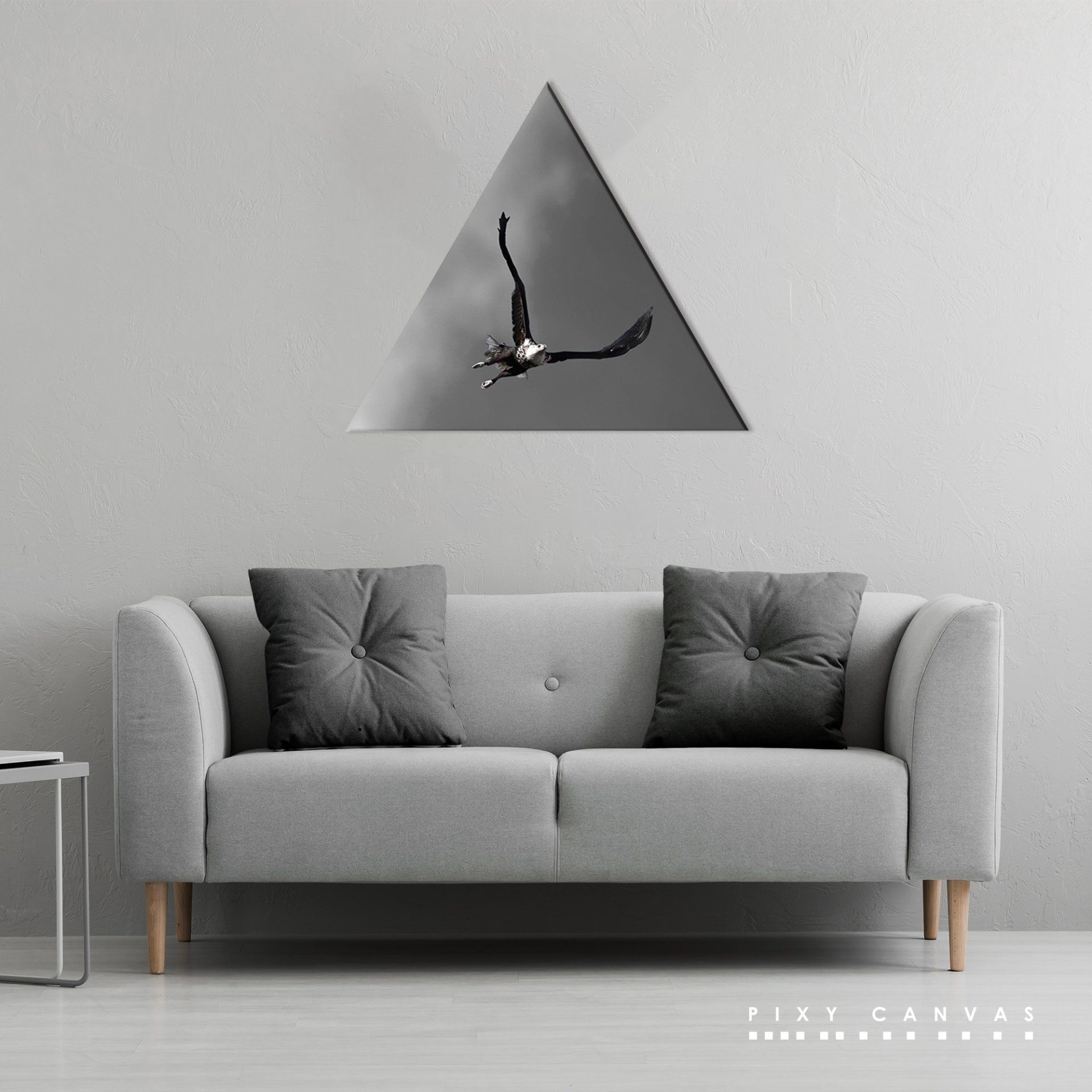 Wallpaper #a2flDJMBSpphPi3-ROG8195 A Living Room with a Gray Couch and White Walls Along with a Triangle