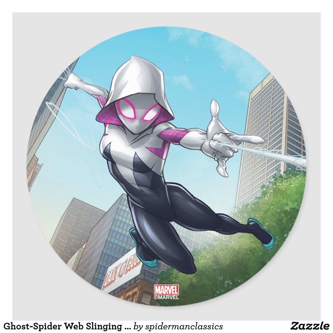 Wallpaper #Z_TCOpMBKFX8bn3rkXlB381 Ghost Spider Web Slinging Through City Classic Round Sticker Zazzle