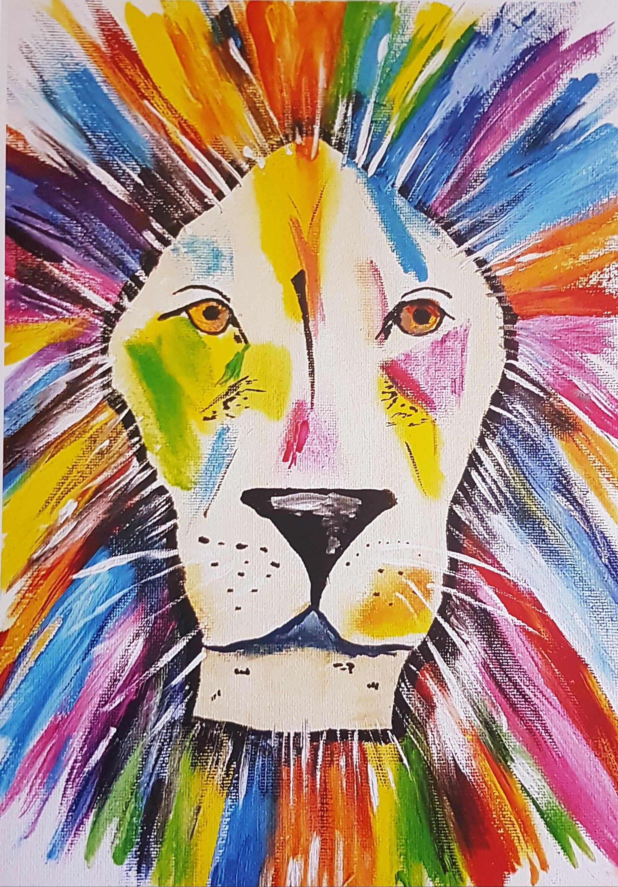 Wallpaper #W2g2IpMBSpphPi3-mTKk307 A Painting of a Lions Face with Multicolored Manes on It
