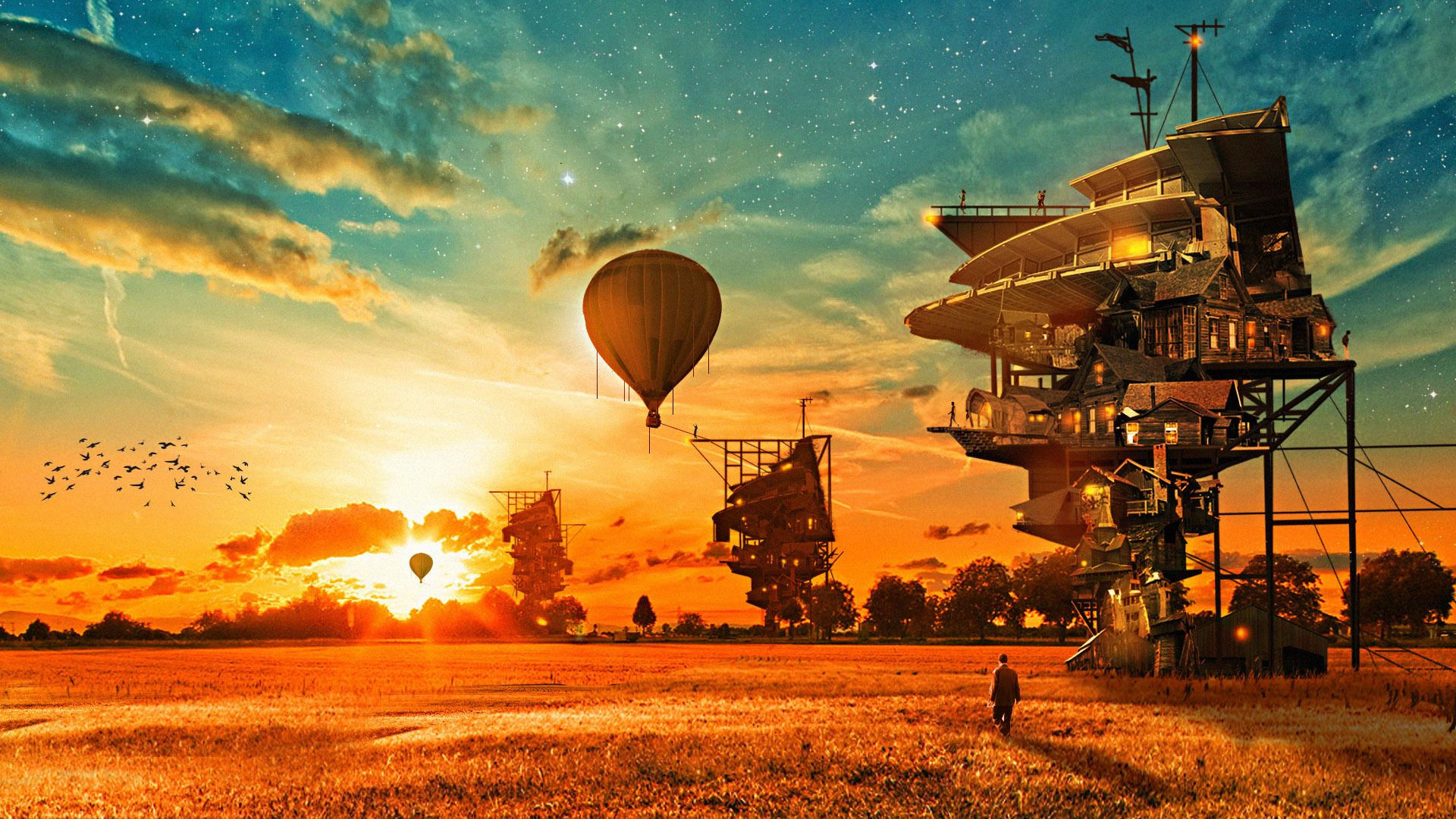 Wallpaper #5hkFF48BtGB6xQ78T25C13 Houses Aerostat Fantasy Balloon Steampunk Wallpaper 1920x1080