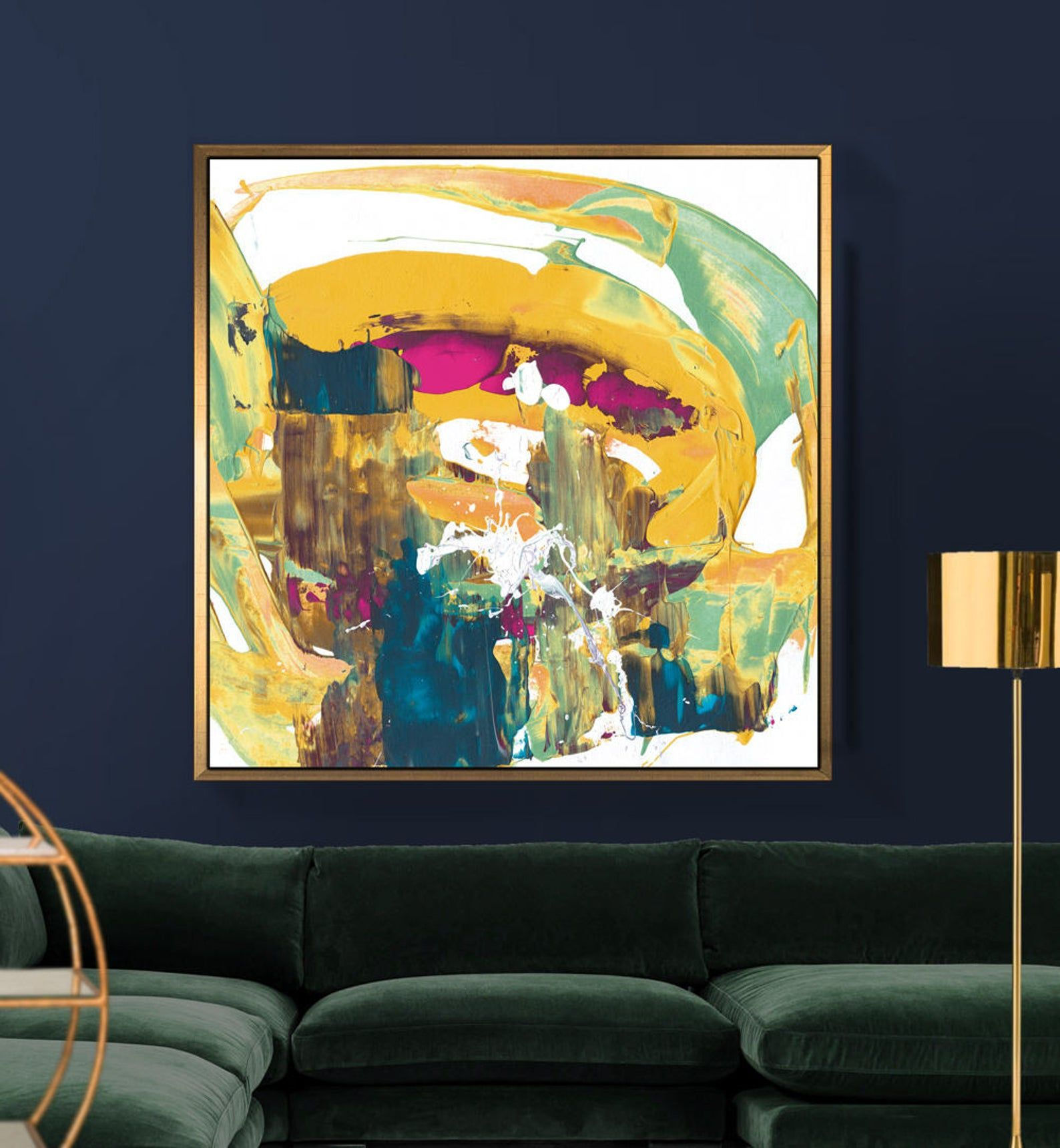 Wallpaper #i2hpFpMBSpphPi3-fwvy380 A Living Room with Blue Walls and a Green Couch in Front of a Painting