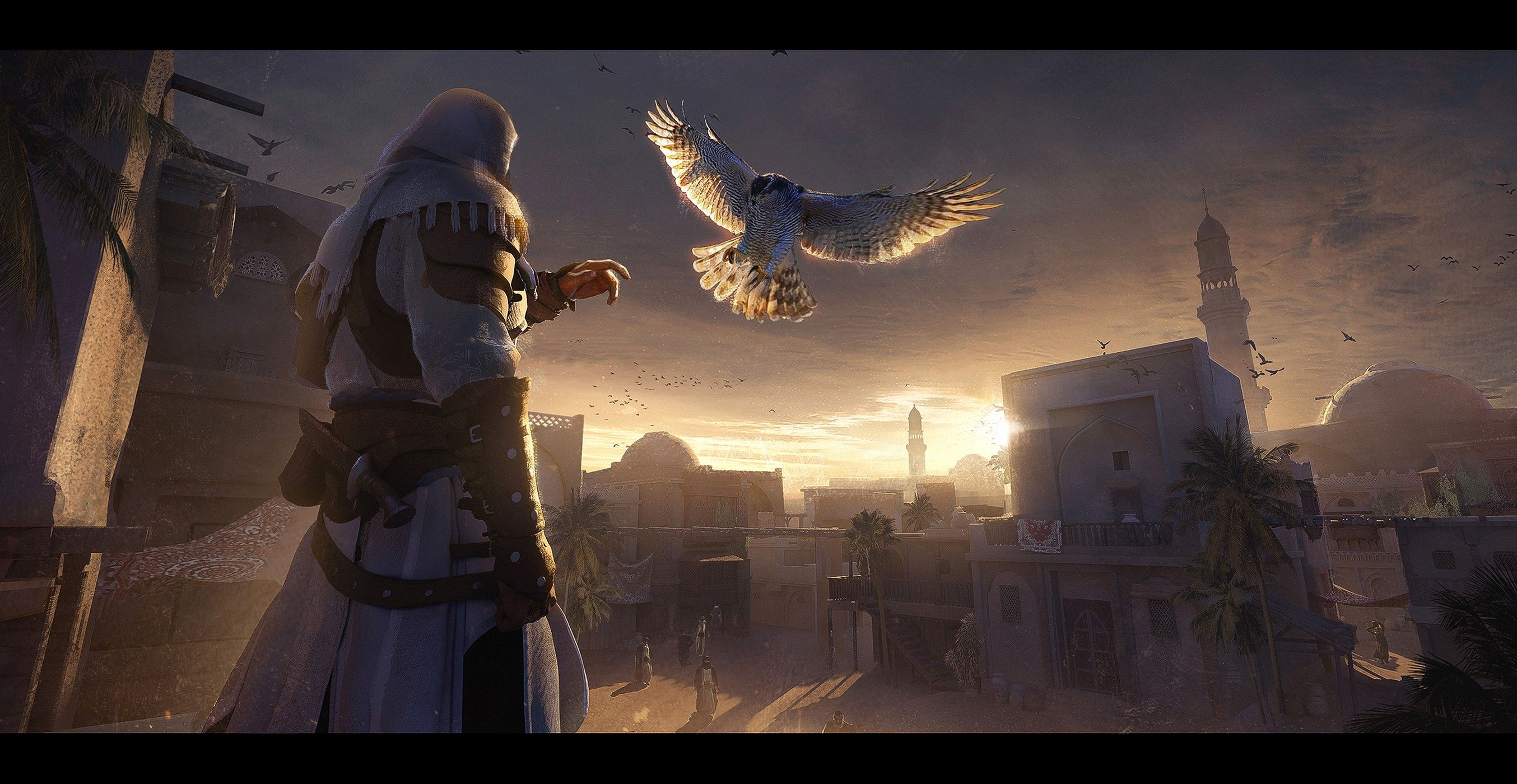 Wallpaper #JP_eapMB3lSXT3zU9ecT133 An Image of a Person with a Bird in the Air Above Them and Buildings