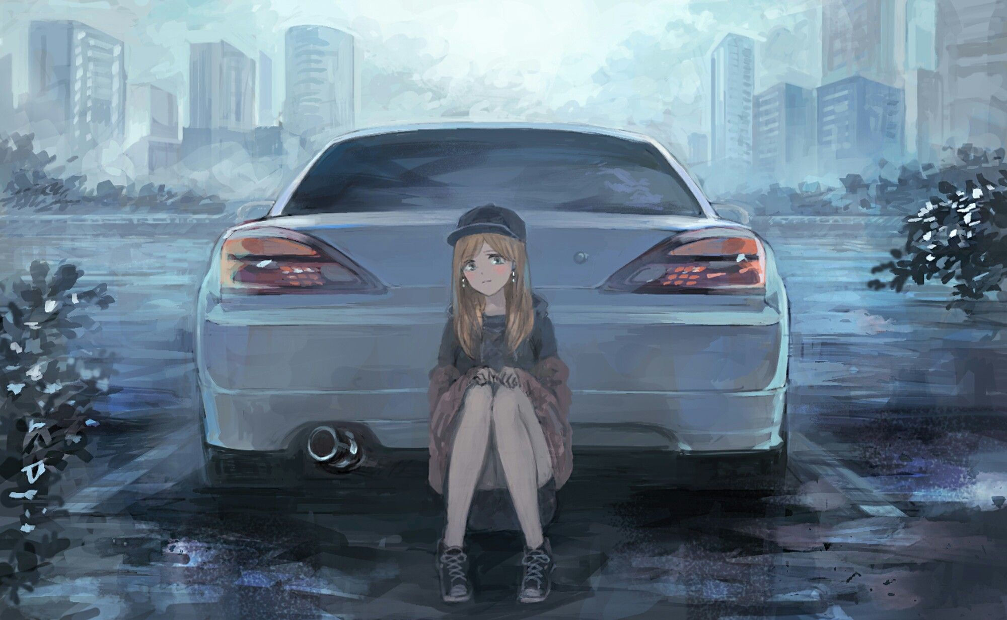 Wallpaper #46bf0 Download Girl Leaning on a Nissan Skyline Car Anime Wallpaper