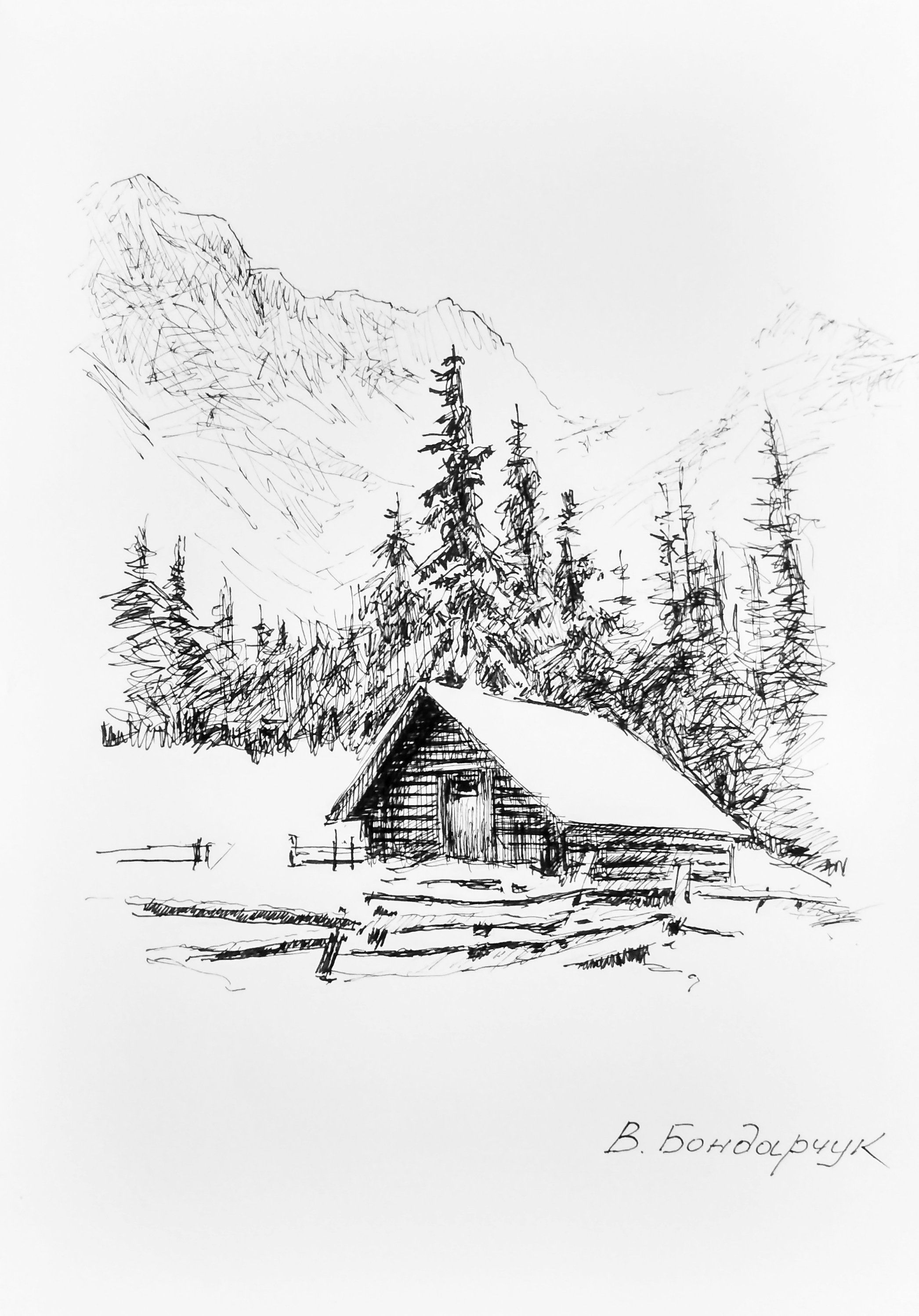 Wallpaper #d2c4EZMBSpphPi3-OPZ1222 Winter Mountains Forest Hut Original Authors Drawing Sketch Marker