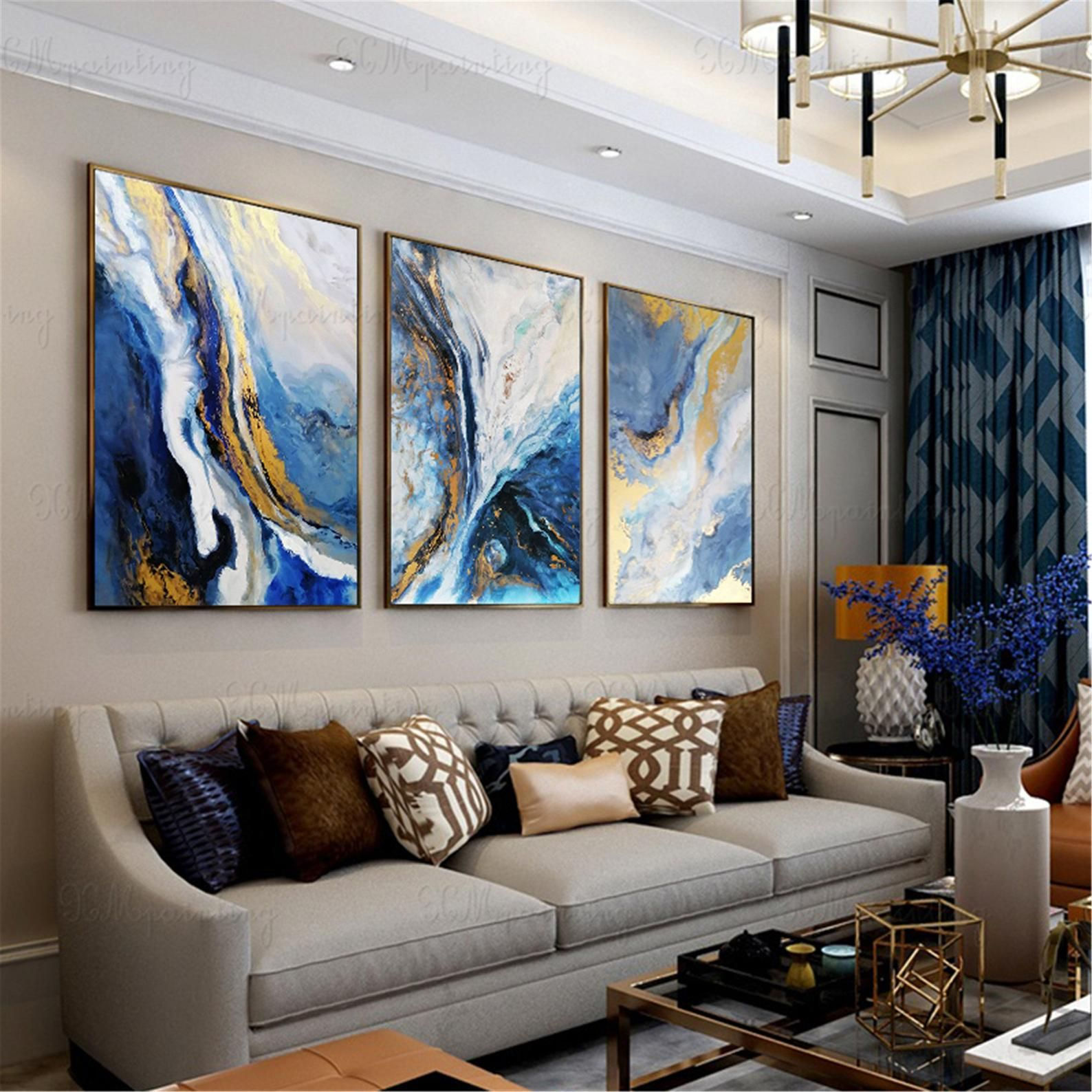Wallpaper #FGfC_5IBSpphPi3-96QM235 3 Panels Framed Abstract Painting Blue Acrylic Canvas Wall Art Picture