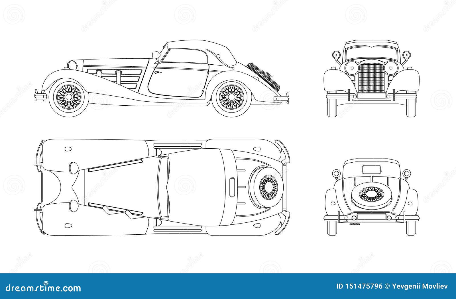 Wallpaper #kWidIpMBSpphPi3-uDN4309 Outline Blueprint of Retro Car Vintage Cabriolet Front Side Top and