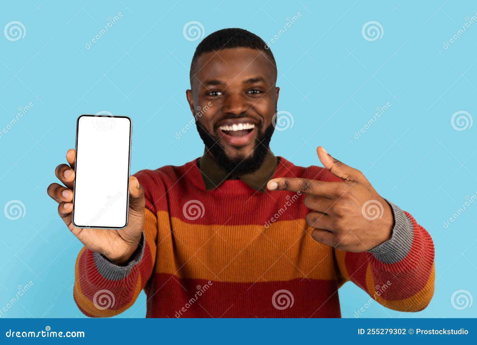 Wallpaper #IWf6_JIBSpphPi3-lZoB146 Online Offer Excited Black Man Pointing at Big Blank Smartphone in