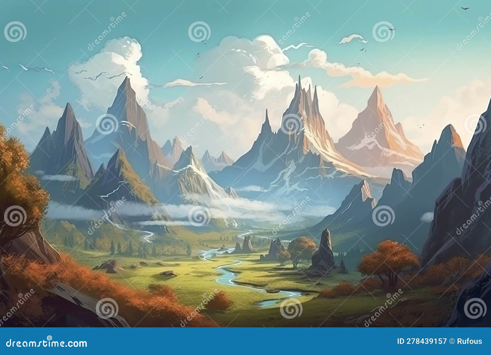 Wallpaper #s2eP7pIBSpphPi3-AF09284 The Mountains Fantasy Fiction Natural Backdrop Stock Illustration