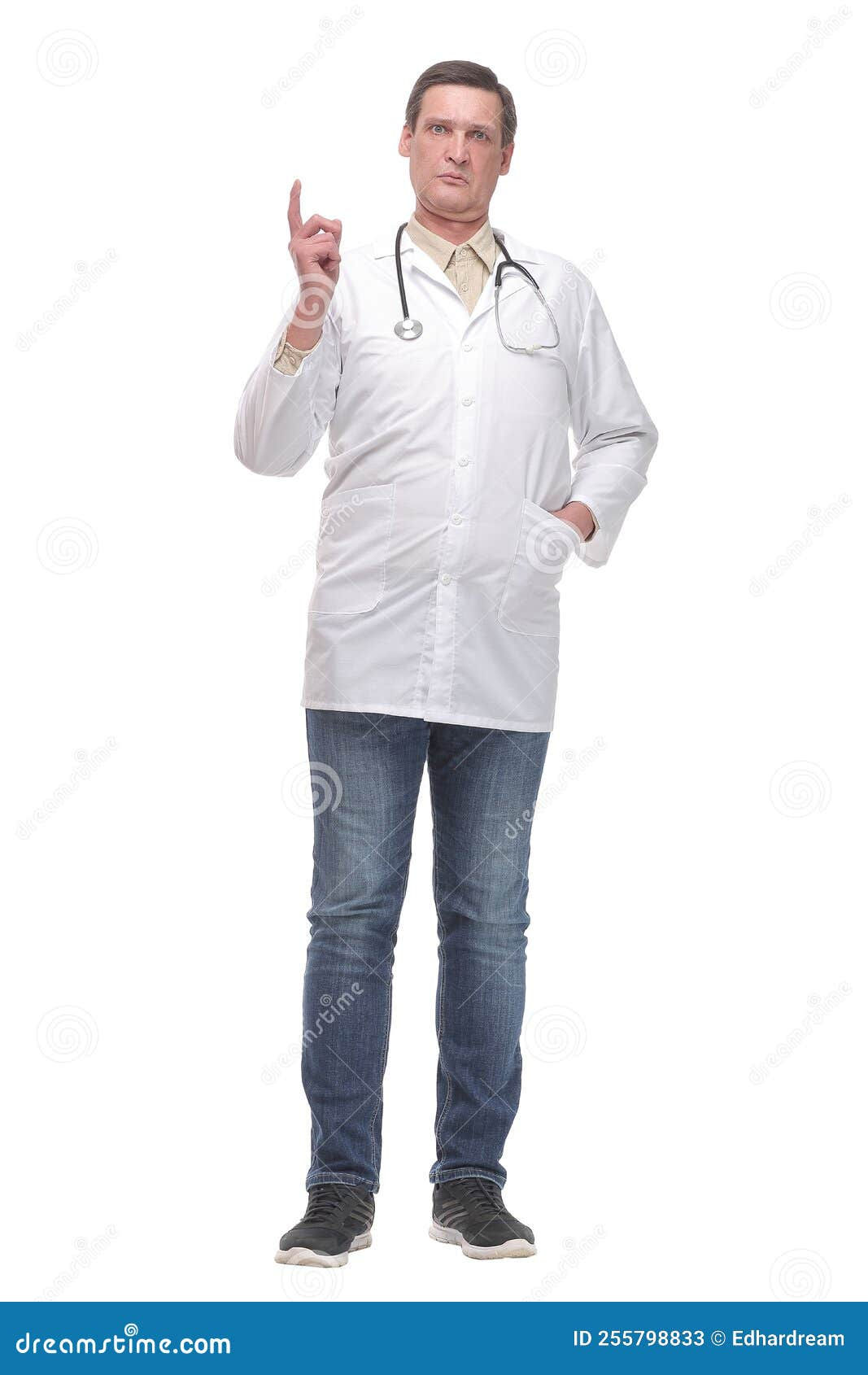Wallpaper #q5y34JIBZHQxiYarwLdA162 Middle Aged Doctor Pointing Above His Head Towards Blank White