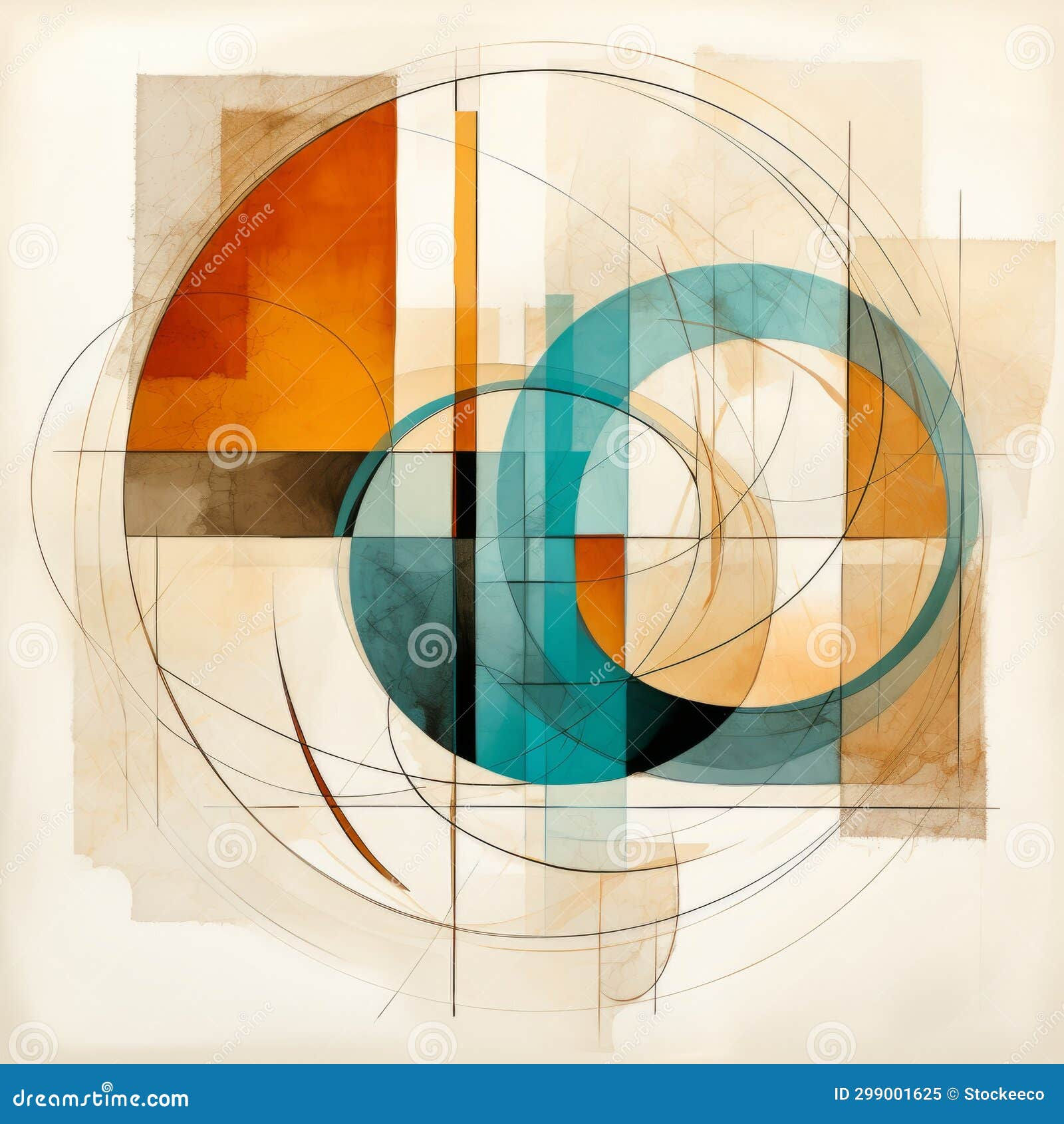 Wallpaper #52dQ-5IBSpphPi3-YpO818 Modern Abstract Painting of Circles and Lines in Cyan and Amber Stock