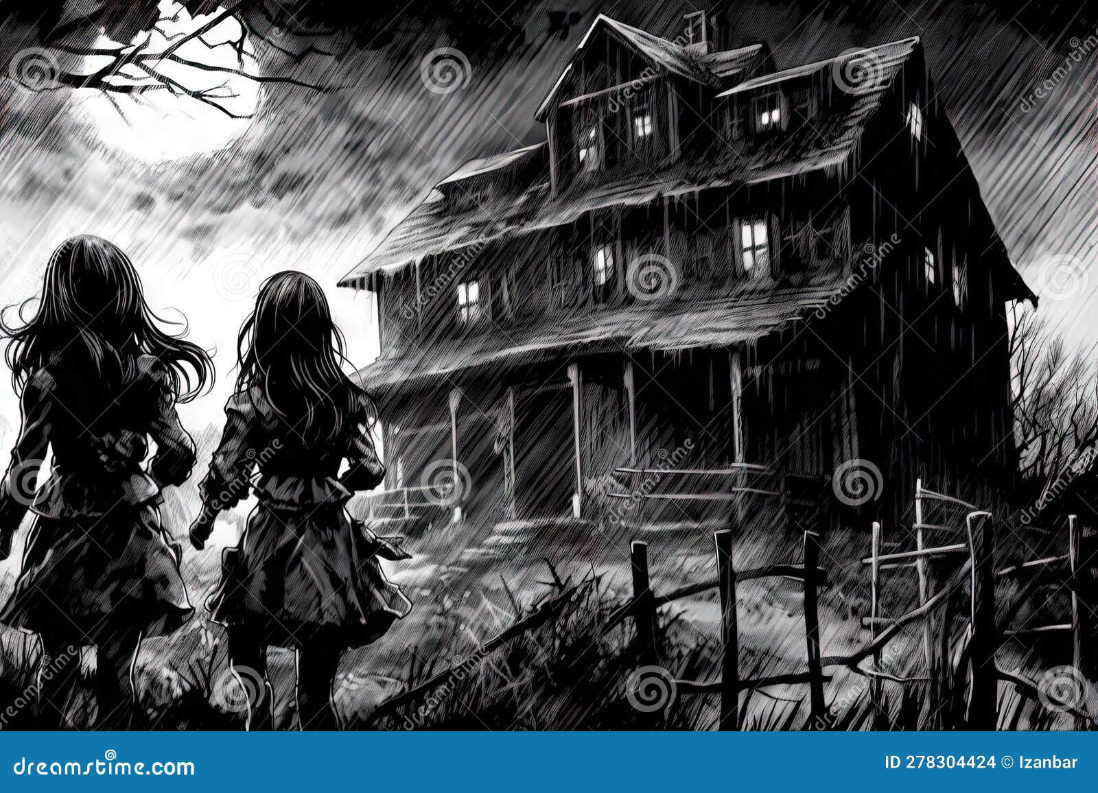 Wallpaper #F_SlOZMBKFX8bn3rEHfZ270 Manga Girls Sneaking Around a Haunted House Trying to Scare Each Other