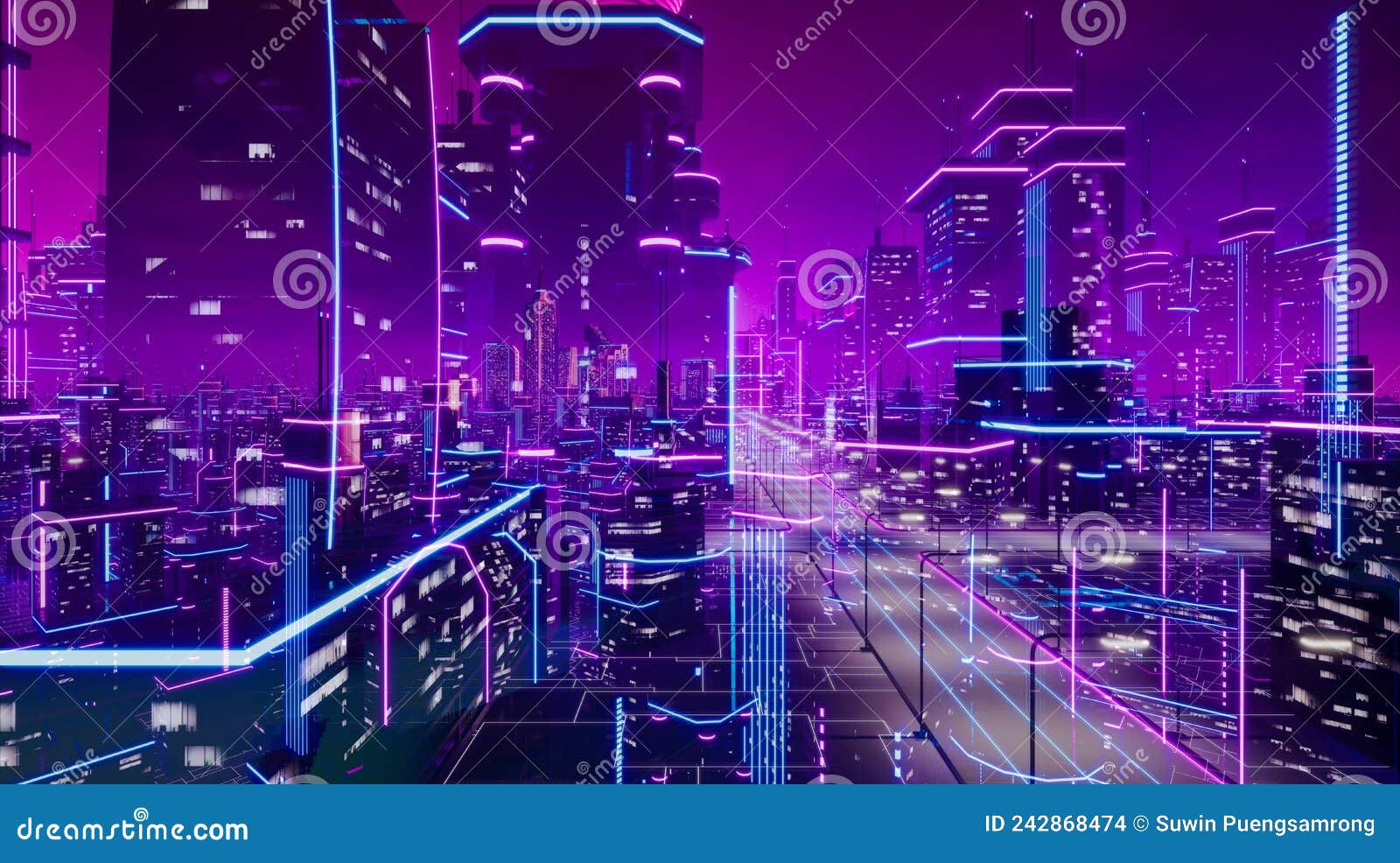 Wallpaper #F2ch7JIBSpphPi3-8lH9287 Metaverse City and Cyberpunk Concept 3D Render Stock Illustration