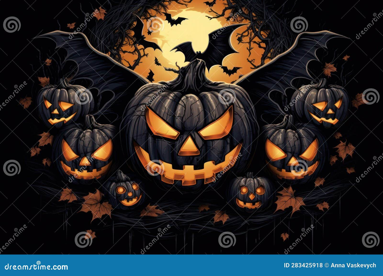 Wallpaper #n0Y8nJcBh-zKMCtLfF5f155 Many Pumpkins with Luminous Carved Faces Against a Background of a