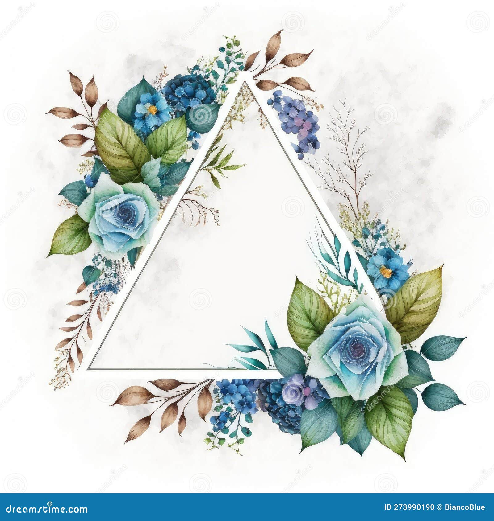 Wallpaper #6mcM8ZIBSpphPi3-jmn8264 Triangle Frame of Blue Flower and Green Leaves with Watercolor Painting