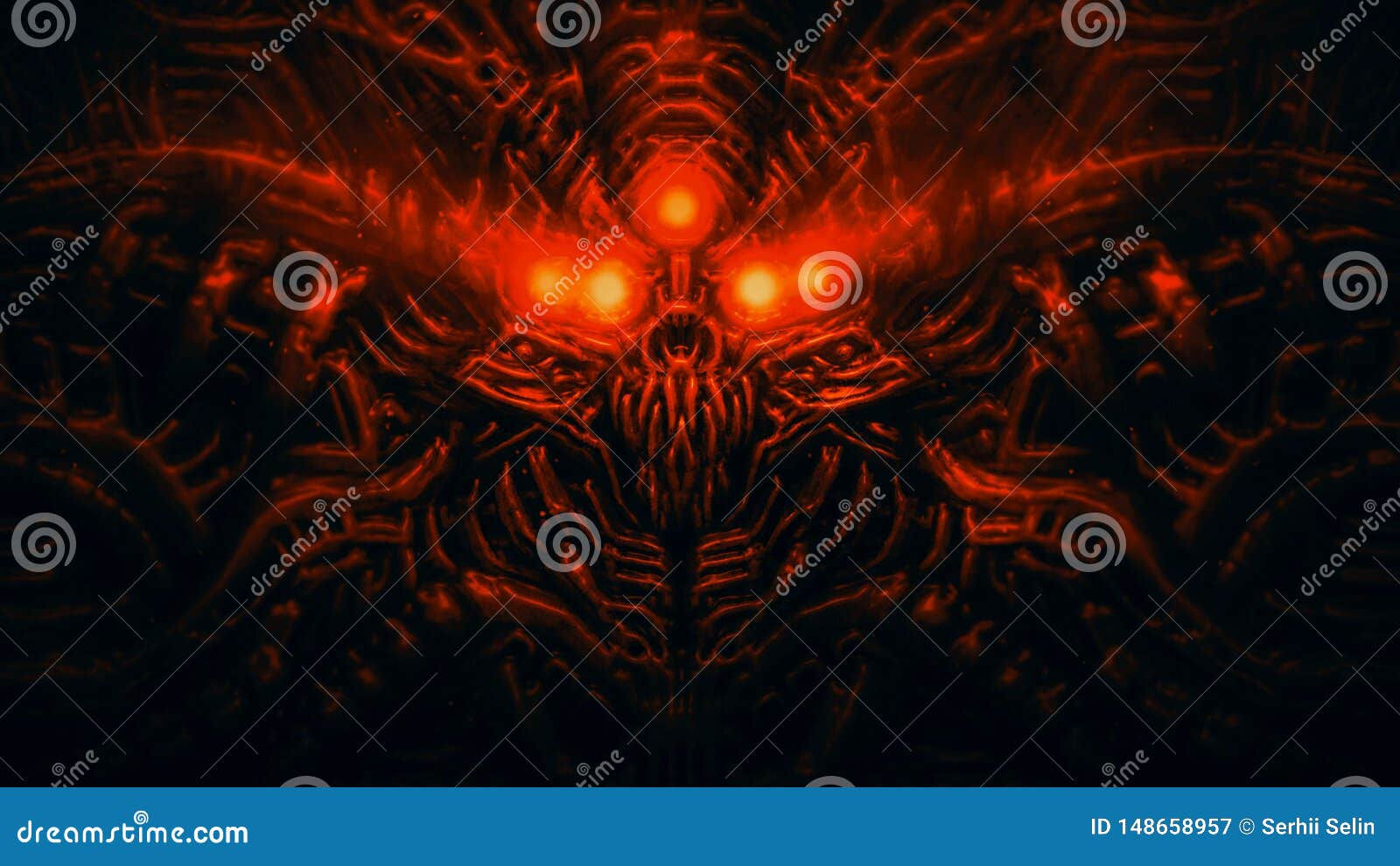 Wallpaper #JxnMHo8BtGB6xQ78mno759 Terrible Skull Head of Cybernetic Organism with Wires Red Color Stock