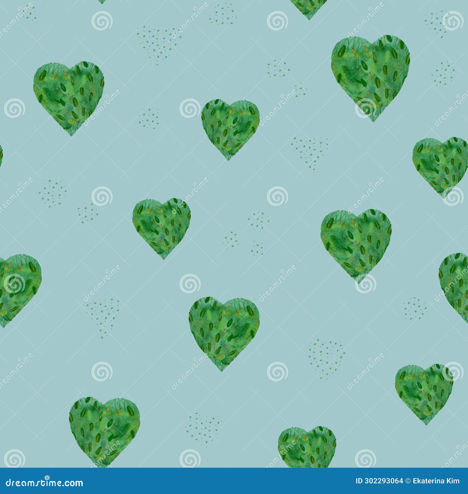Wallpaper #Tmd395IBSpphPi3-tobx43 Hand Painted Watercolor Green Hearts Pattern on Teal Background Stock