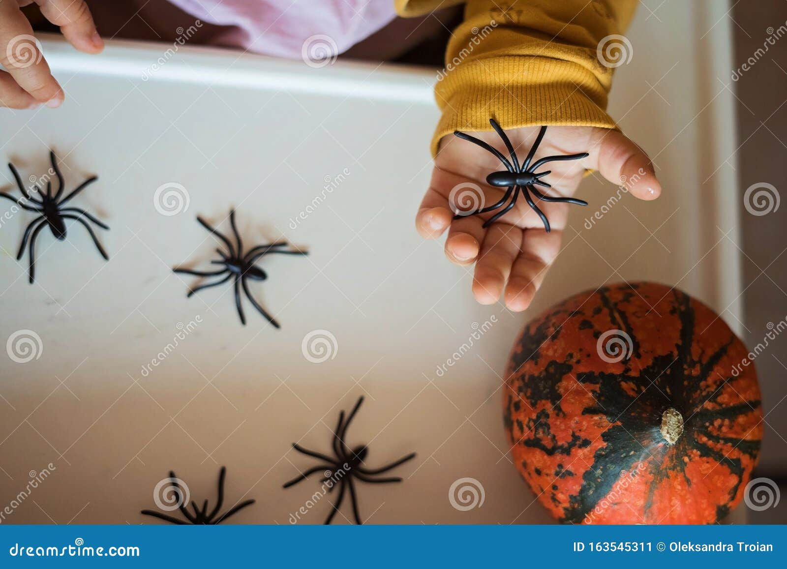 Wallpaper #1vQOOpMBKFX8bn3r-3fK170 Hands of a Child Playing with Black Rubber Spiders Toys Halloween